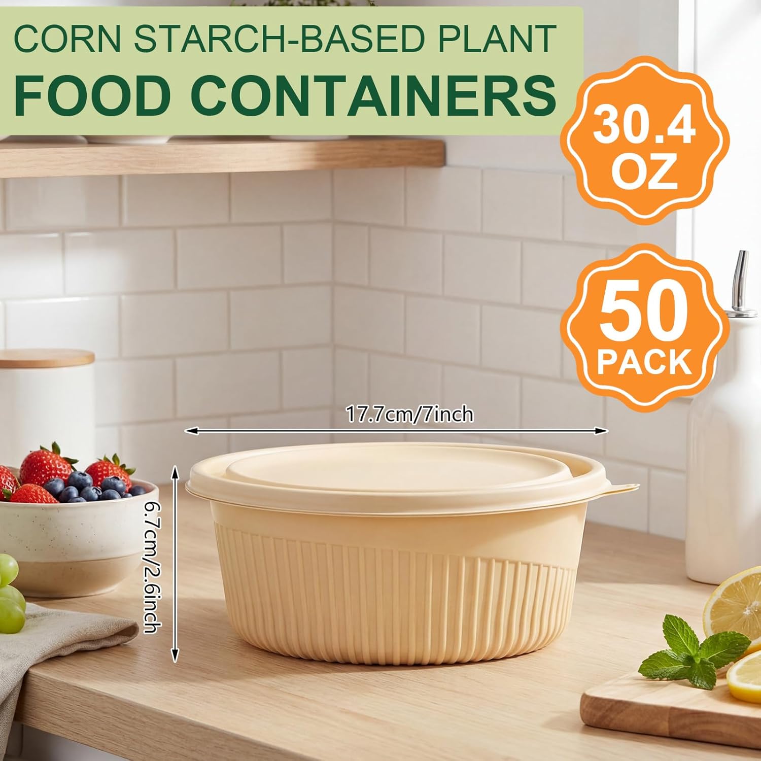 50 Sets Round Meal Prep Bowl Containers with Lids, 30 oz Disposable Meal Prep Cornstarch Round Plant Based Lunch Box for Salad Deli Soup Takeout Containers, Microwave Freezer Safe