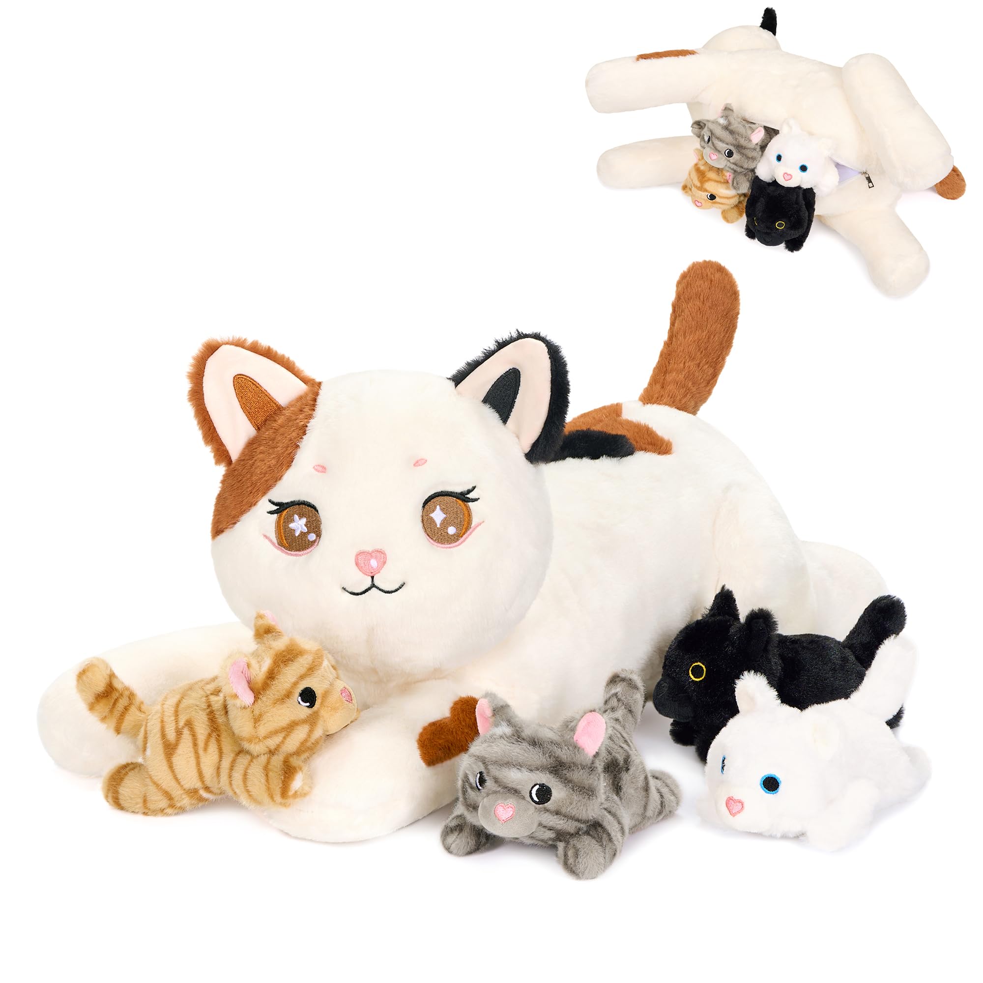 Onsoyours Original 5PC Cat Stuffed Animals with Babies Inside Kawaii Kiity Plush with Mommy 4 Kittens - Cute