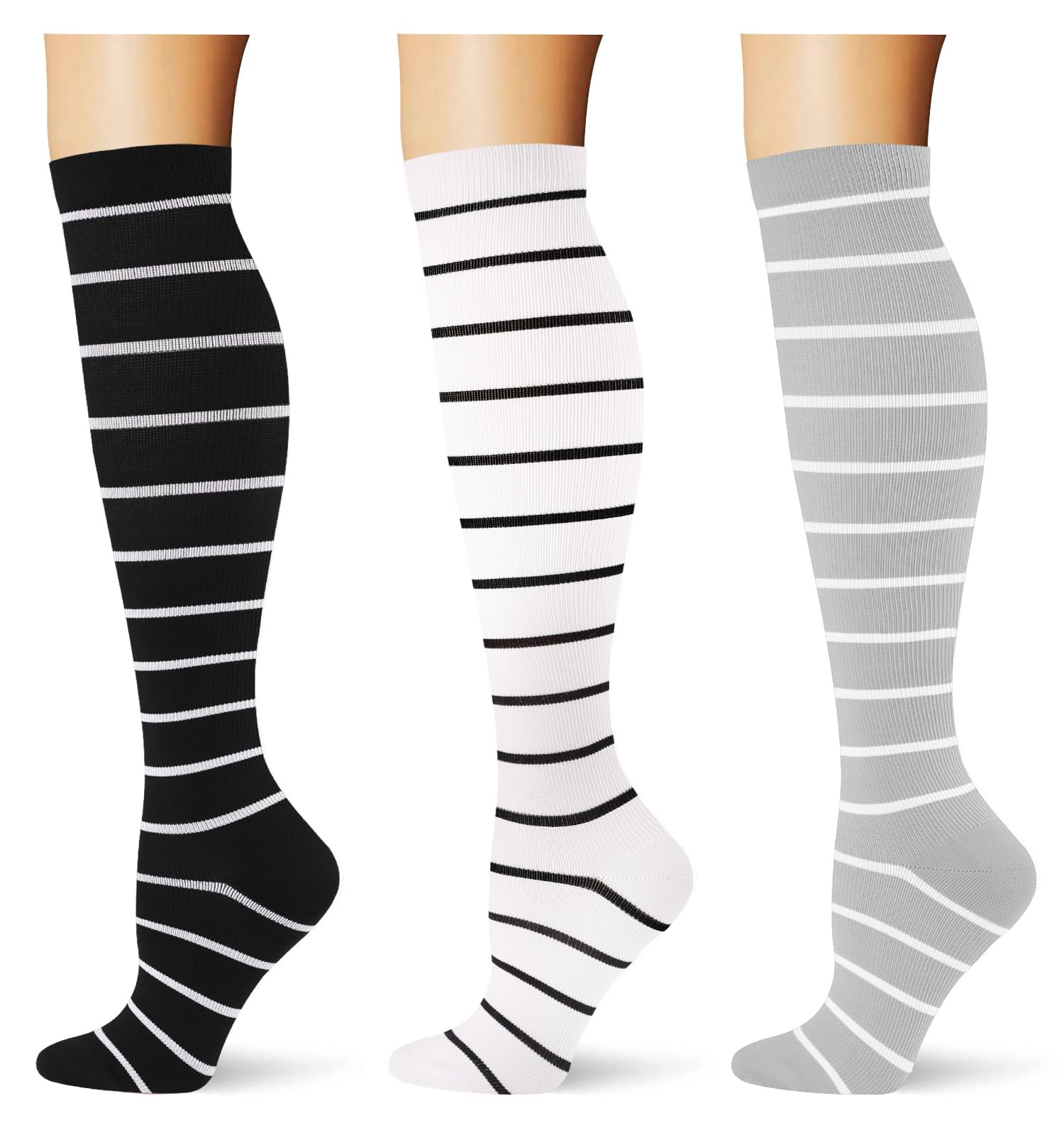 (3 pairs) Compression Socks 20-30 mmHg Long Knee High Socks for Women Men Support Athletic Travel Daily Wear