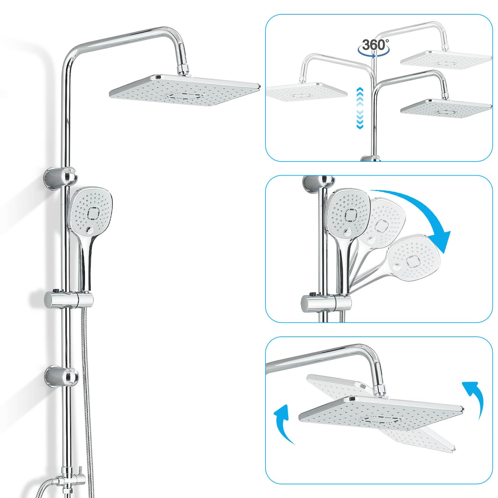 Sistema doccia cromato regolabile in altezza Doccia a pioggia con soffione a pioggia Soffione doccia e doccetta completa per bagno