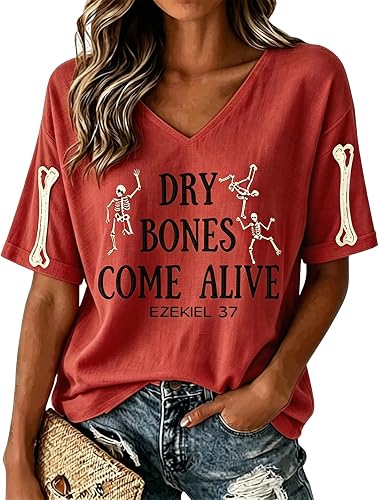 Womens Dry Bones Come Alive Halloween Shirts Christian V Neck Skeleton Top