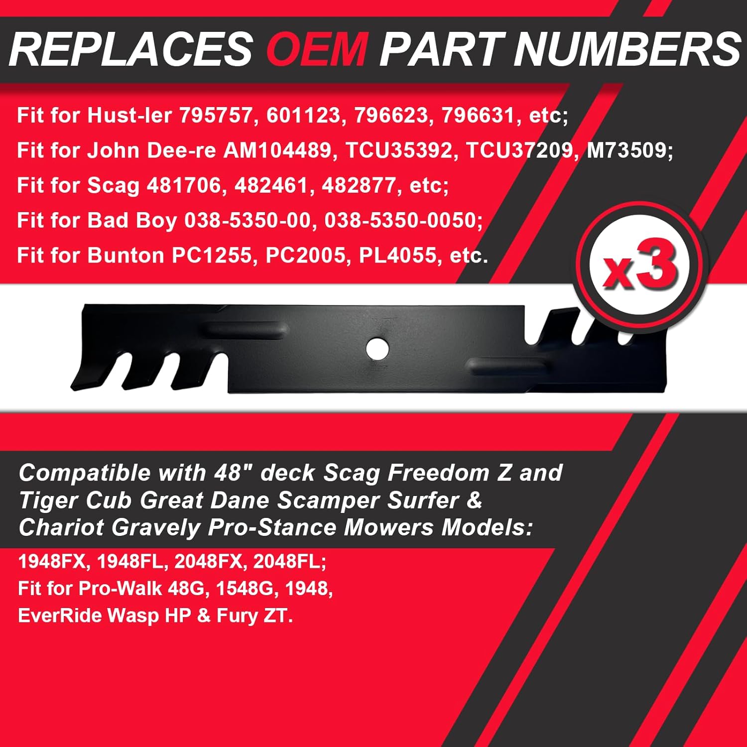 795757 Gator Mulching Mower Blades Compatible with Hust-ler 48" Deck John Dee-re Scag Freedom Z 48, Blade Replaces 038-5350-00 481706 482877 AM104489 481706 PC1255, 3 Pack