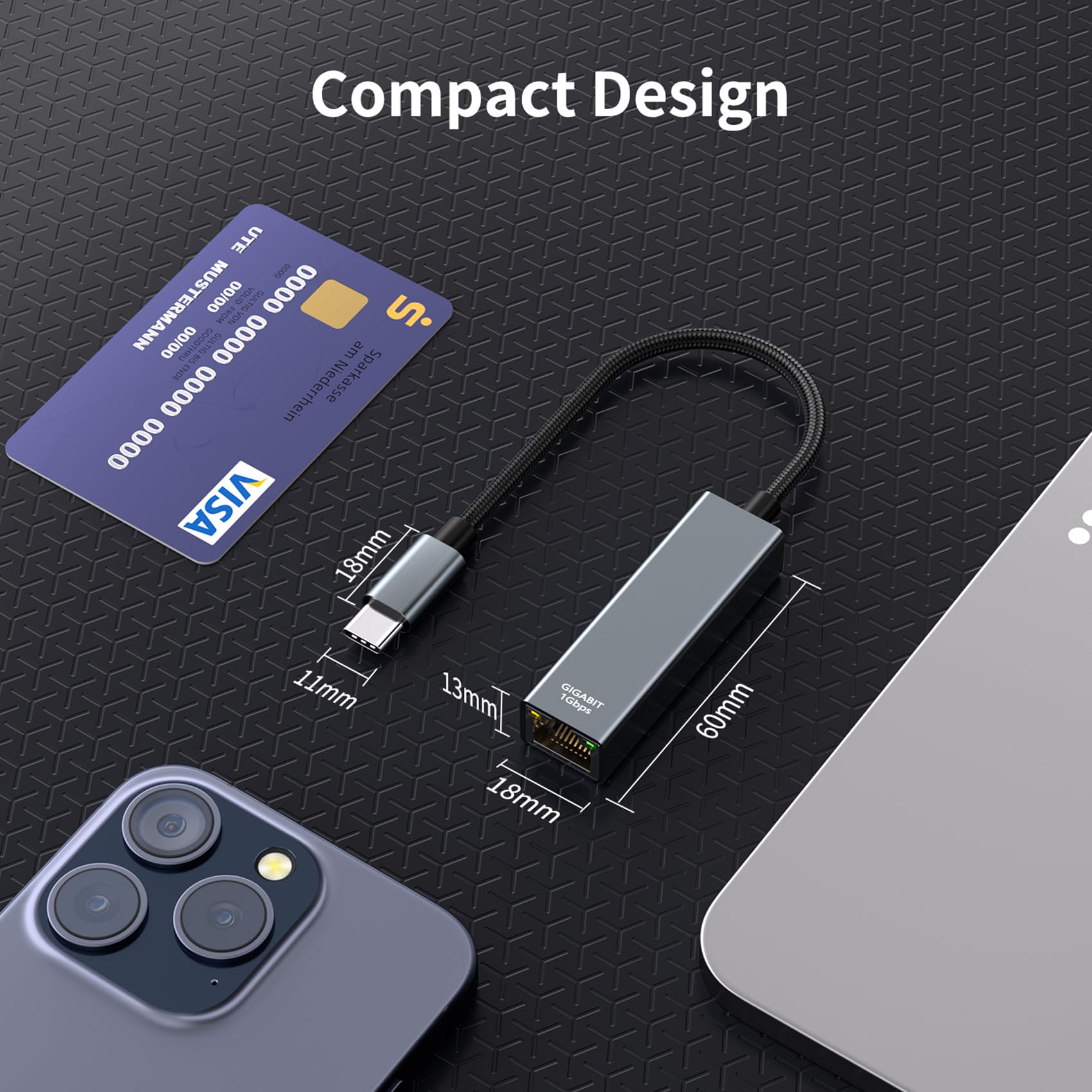 Adattatore USB C a Ethernet - Thunderbolt Ethernet a LAN, Adattatore Gigabit RJ451000Mbps in Alluminio Compatibile per iPhone 15 Pro/Max MacBook Pro/Air 2023 iPad Pro iMac S23 XPS 17