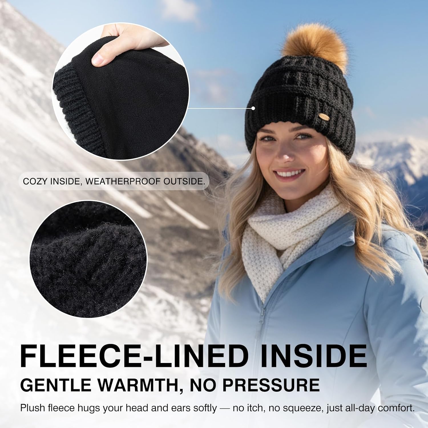 TOP-EX Women’s Winter Beanie Hat Chestnut Brown, Merino Wool Fleece Lined Knit Cap with Hidden Ponytail Hole and Detachable Faux Fur Pom, Warm Cozy Thermal Hat for Cold Weather Ski - Image 6