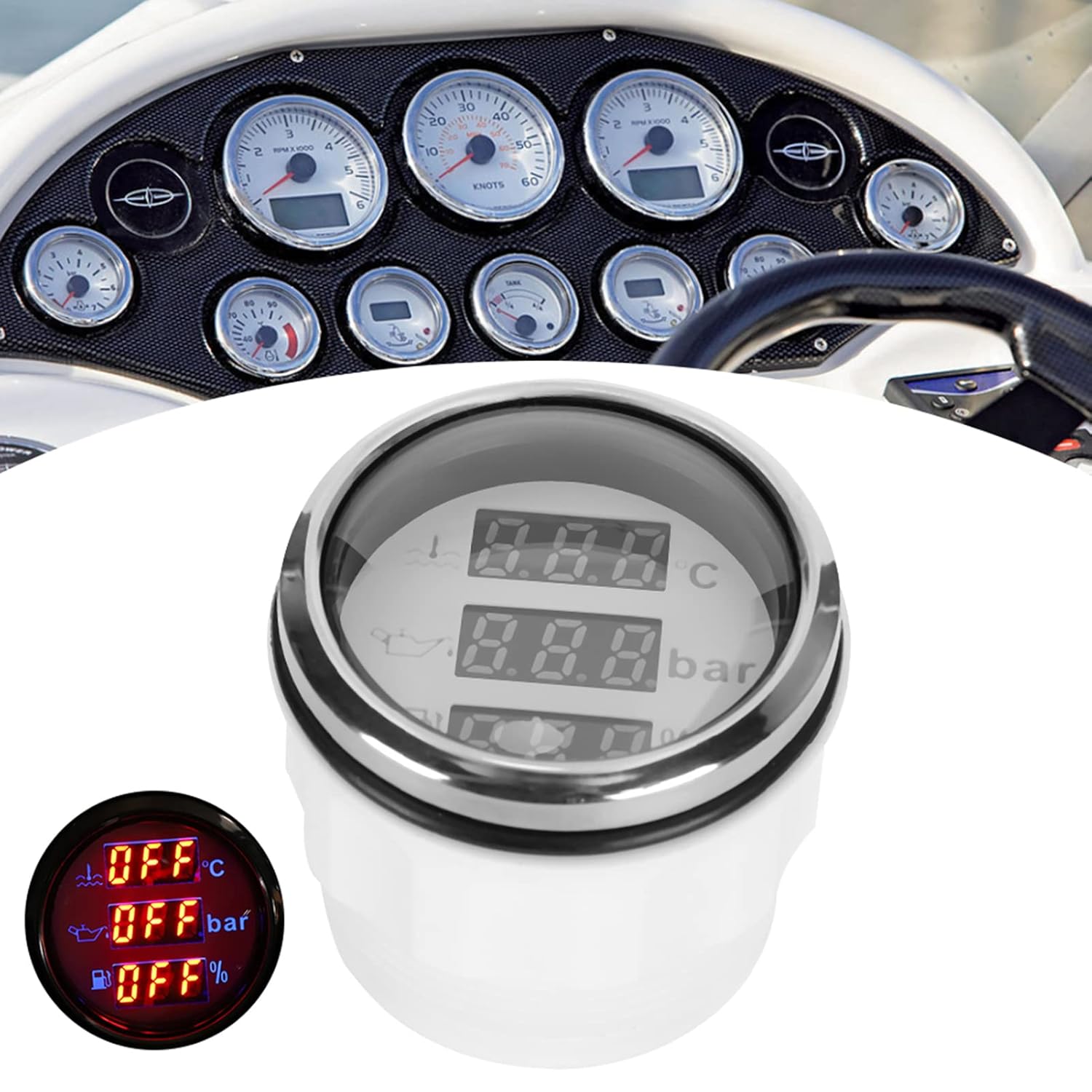2in 3 in 1 Multi Function Boat Meter, Car, Displays Cooling Water Temperature, Oil Pressure, Fuel Tier, European Standard 0 190Ω, Accuracy Performance (White dial)