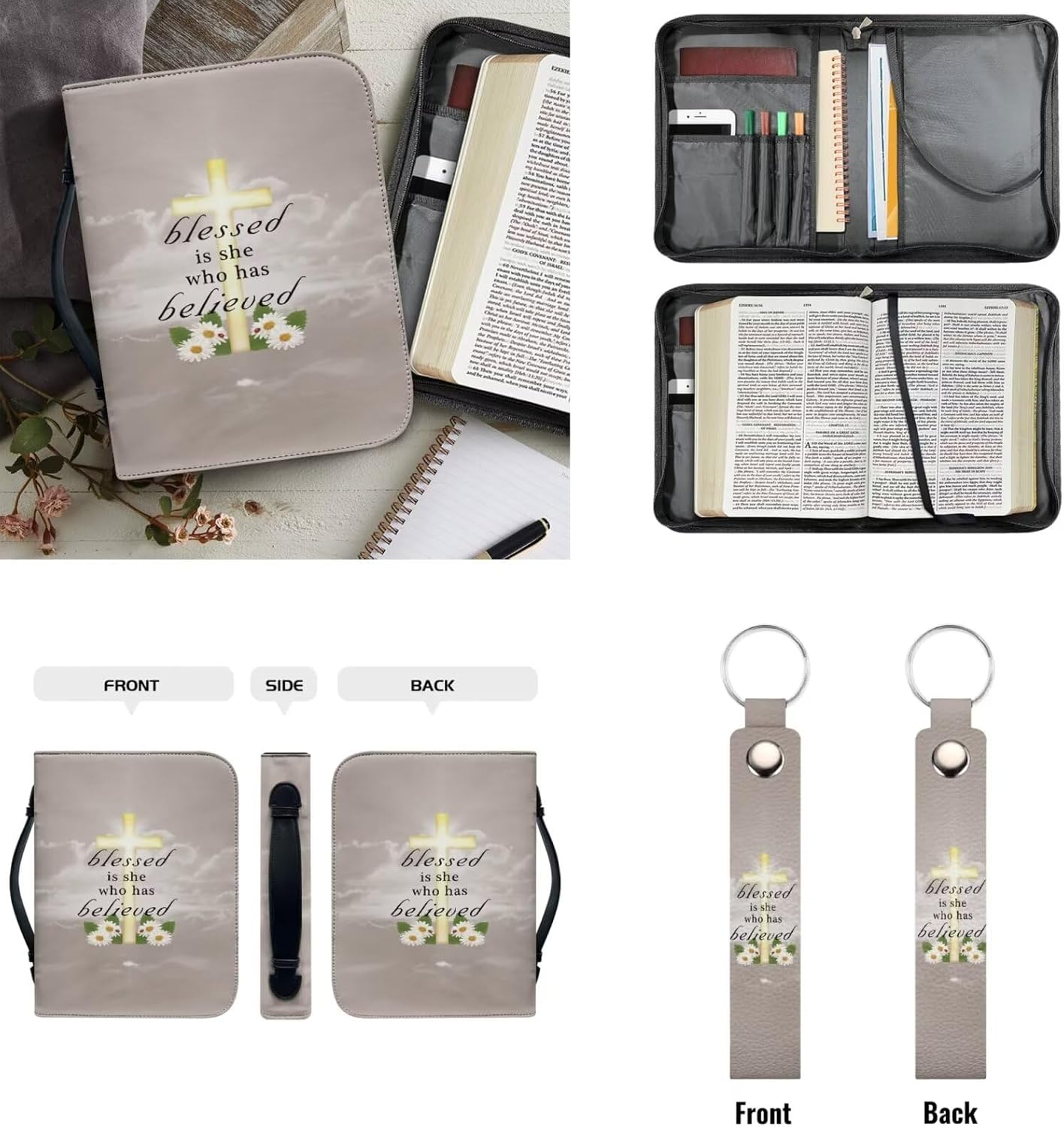 Bible Covers Keychain for Women Men Kids Bible Study Bag Bible Protective Leather Carrying Case Blessed is She Who has Believed Print Carrier Tote Bible Handbag Storage Holder