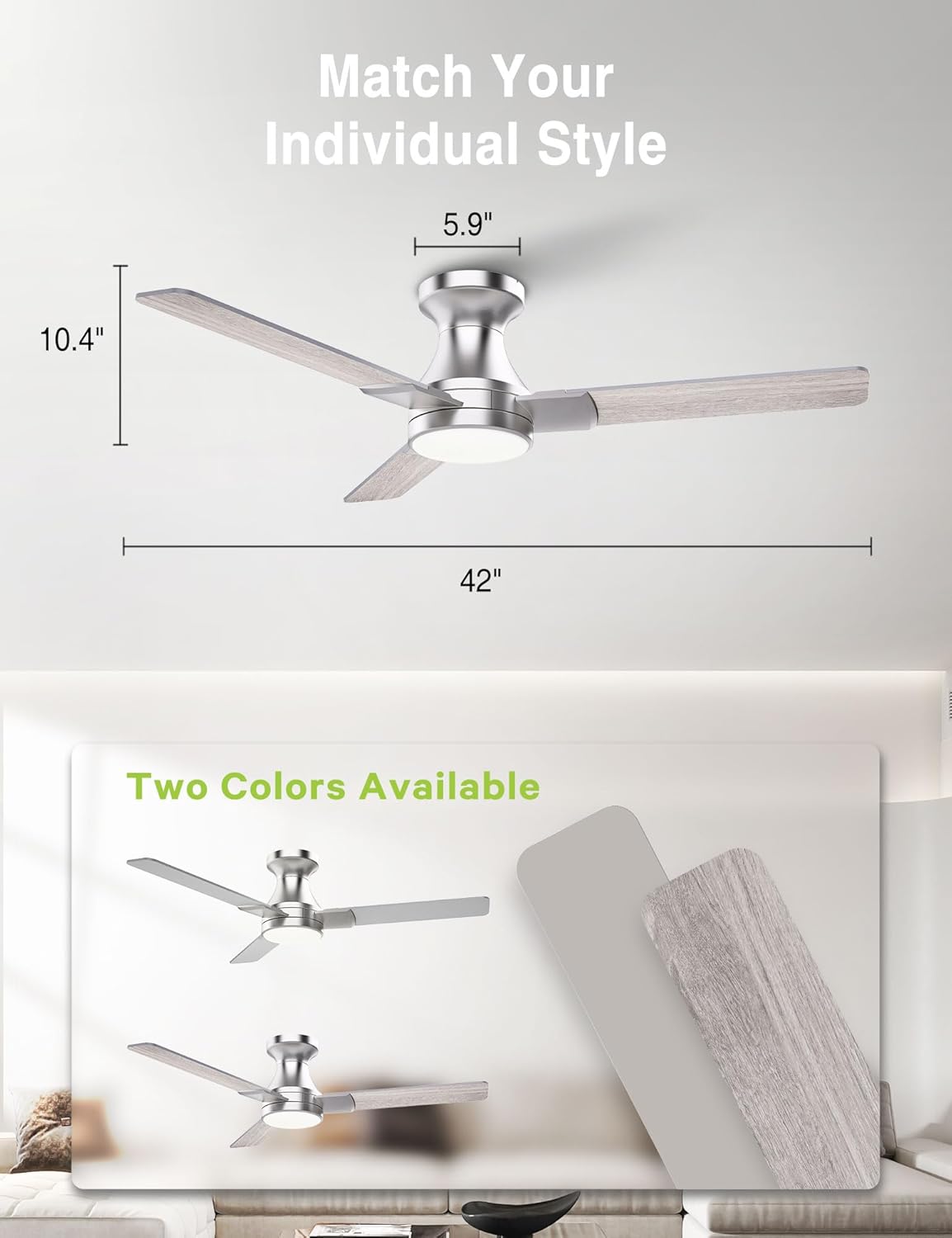 DAMINY 42 inch Ceiling Fans with Lights,3 Blades,6CCT, Low Profile Ceiling Fan with Light and Remote Control,Ceiling Fan for Bedroom, Kitchen,Indoor/Outdoor Use,Flush Mount-Nickel