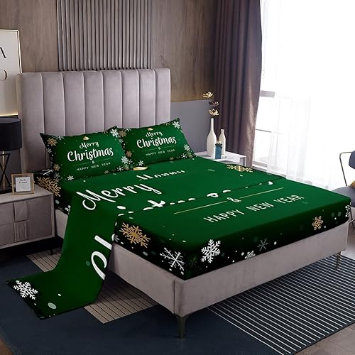 Erosebridal Juego de sábanas de Feliz Navidad para niños jóvenes y adultos sábanas de copo de nieve verde esmeralda juego de ropa de cama de Navidad