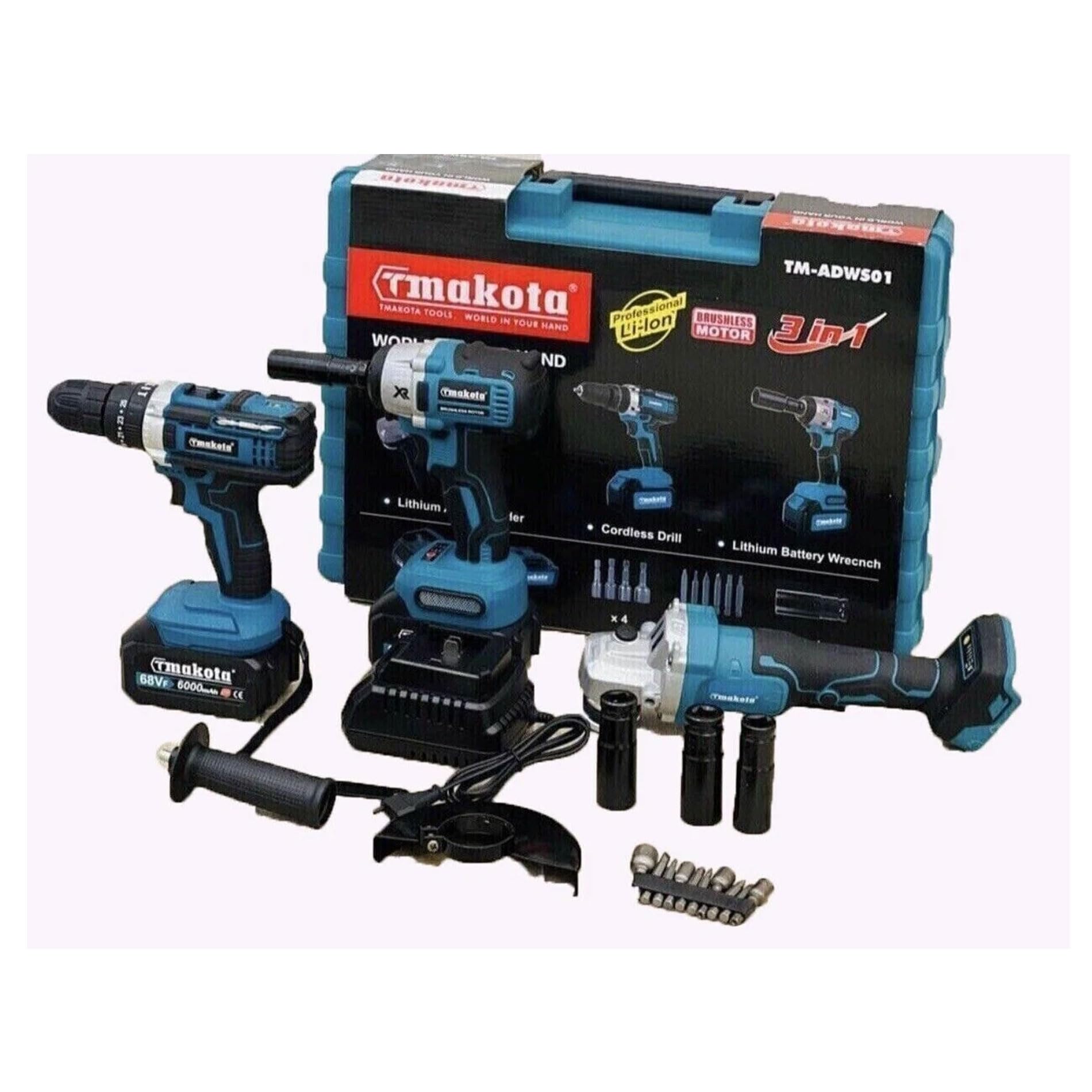 Kit 3 in 1 Trapano Avvitatore + Avvitatore a Impulsi + Smerigliatrice a Batteria e comoda valigetta in plastica resistente