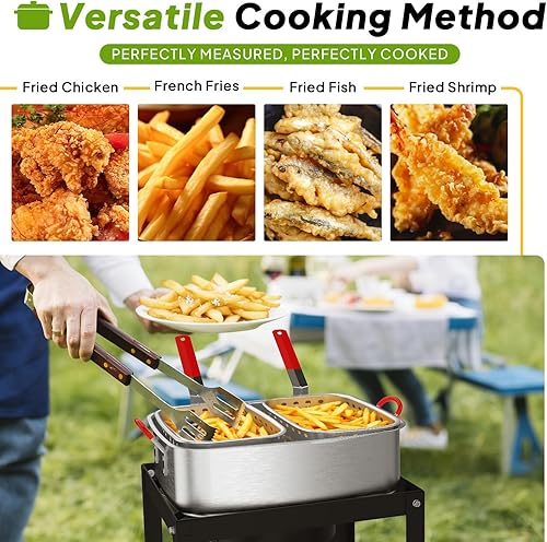 Miniatura 7 de Freidora de propano de 18 cuartos  Freidora de pescado para exteriores con 2 cestas, pinzas, tapa, tapa y termómetro  Freidora de aluminio con