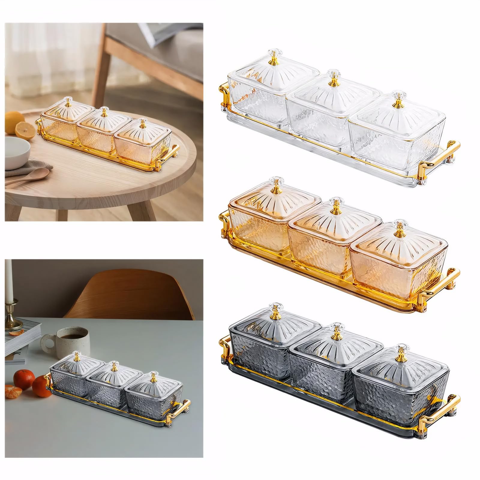 Elegantes platos divididos para servir con 3 compartimentos a juego, tapa y bandeja, ideal para aperitivos, aperitivos y artículos esenciales de cocina, perfectos para fiestas y reuniones