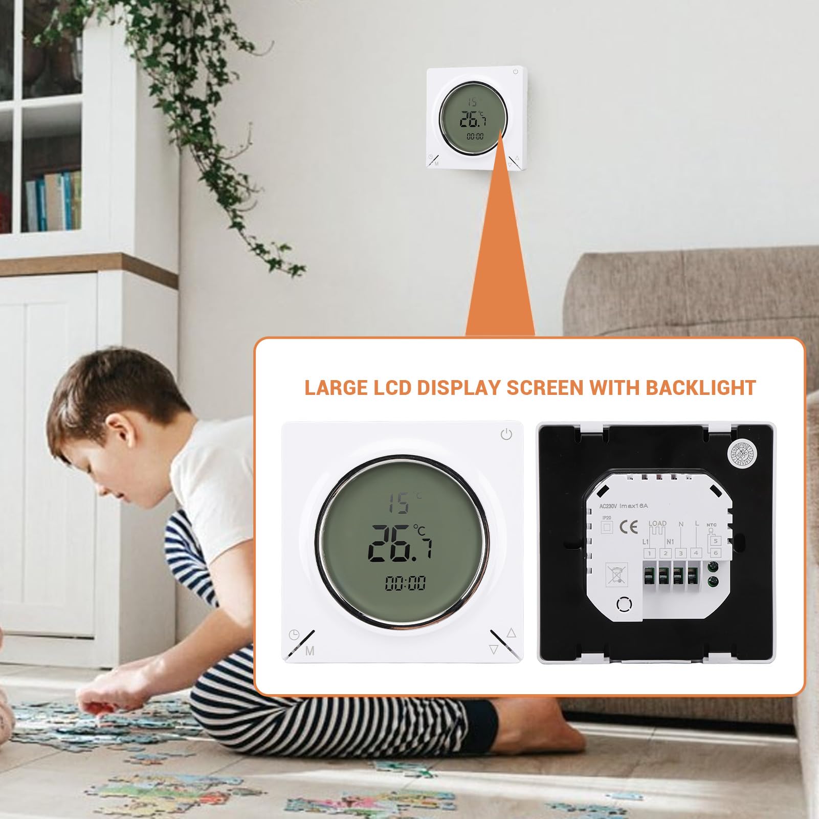 Termostato digitale intelligente con schermo LCD Termostato per riscaldamento elettrico 16A con funzione di memoria Regolatore della temperatura ambiente