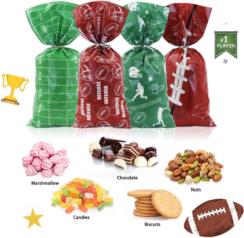 Boerni 100 Pieces Soccer Snack Bags, 4 Styles Ball Games Rugby Football Candy Cello Treat Bags with Sliver Twist Ties for Birthday Holiday Christmas Gift Party Favor Boys Kids Team Sport Goodie Bags image 4