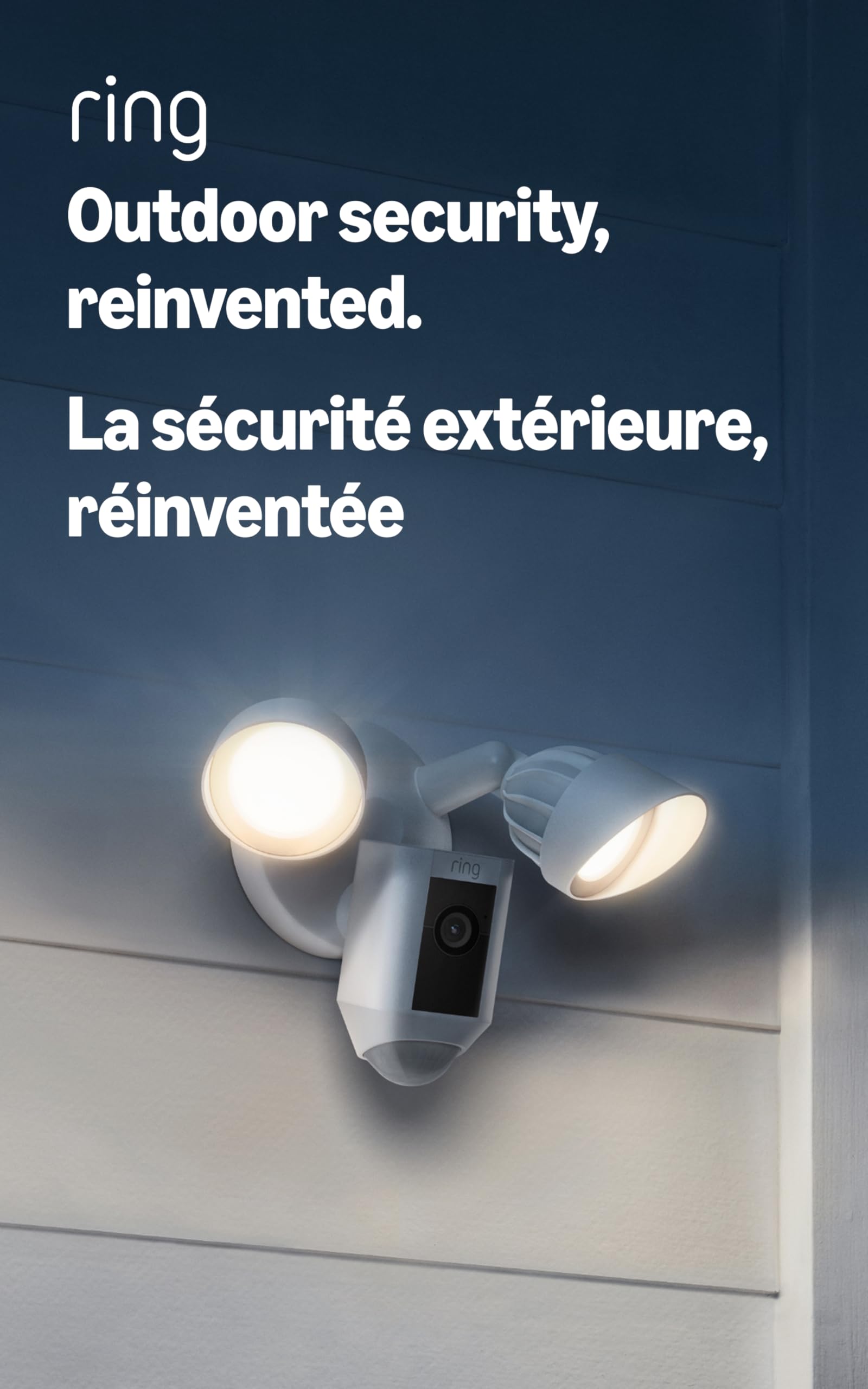 Close-up of the Ring Floodlight Cam Wired Plus, highlighting its durable white casing and integrated LED floodlight.