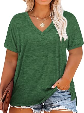 ROSRISS Plus-Size Tops for Women V Neck T Shirts Short Sleeve Side Split Tunics