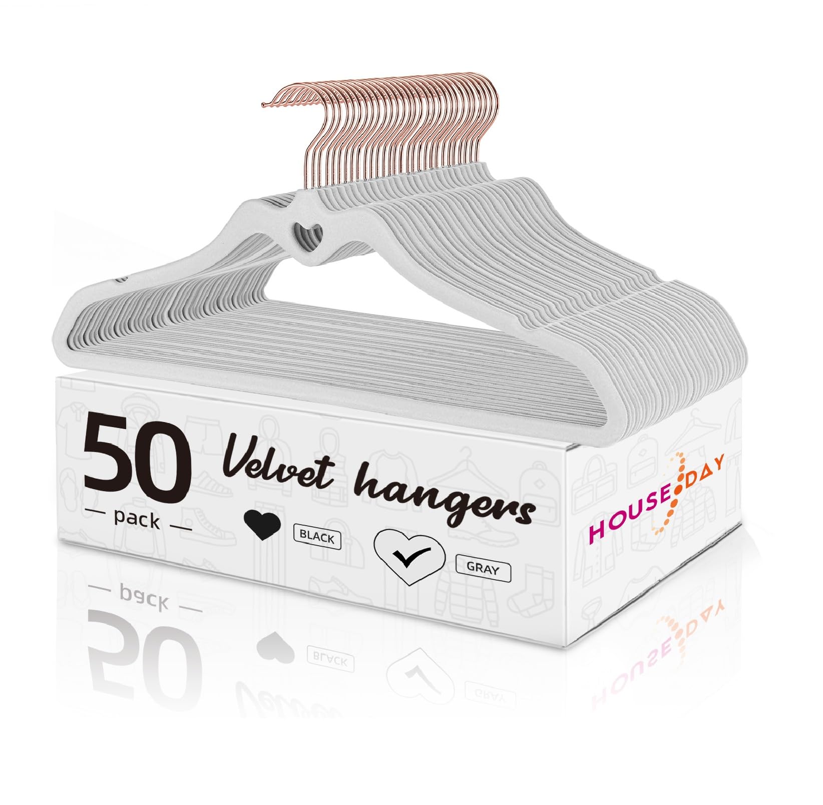 50 Cintres Velours Noir HOUSE DAY - Antidérapants, Crochet 360° | Pour Robes, Costumes, Economie Place