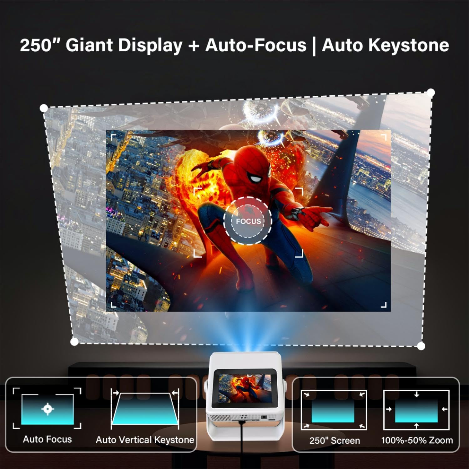 4k Support Projector with WiFi and Bluetooth,TouchScreen Portable Outdoor Smart Projector Auto Focus & Touch Control, Built-in 1,000+ Apps Native 1080P Mini Portable Movie Proyector for Home Theater