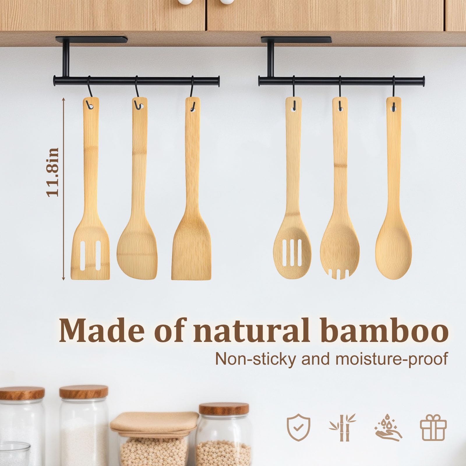 HANSGO Cucharas de madera de bambú para cocinar, 6 piezas, juego de utensilios de cocina de bambú antiadherentes, cucharas de espátulas de madera para uso diario, regalos de inauguración de la casa