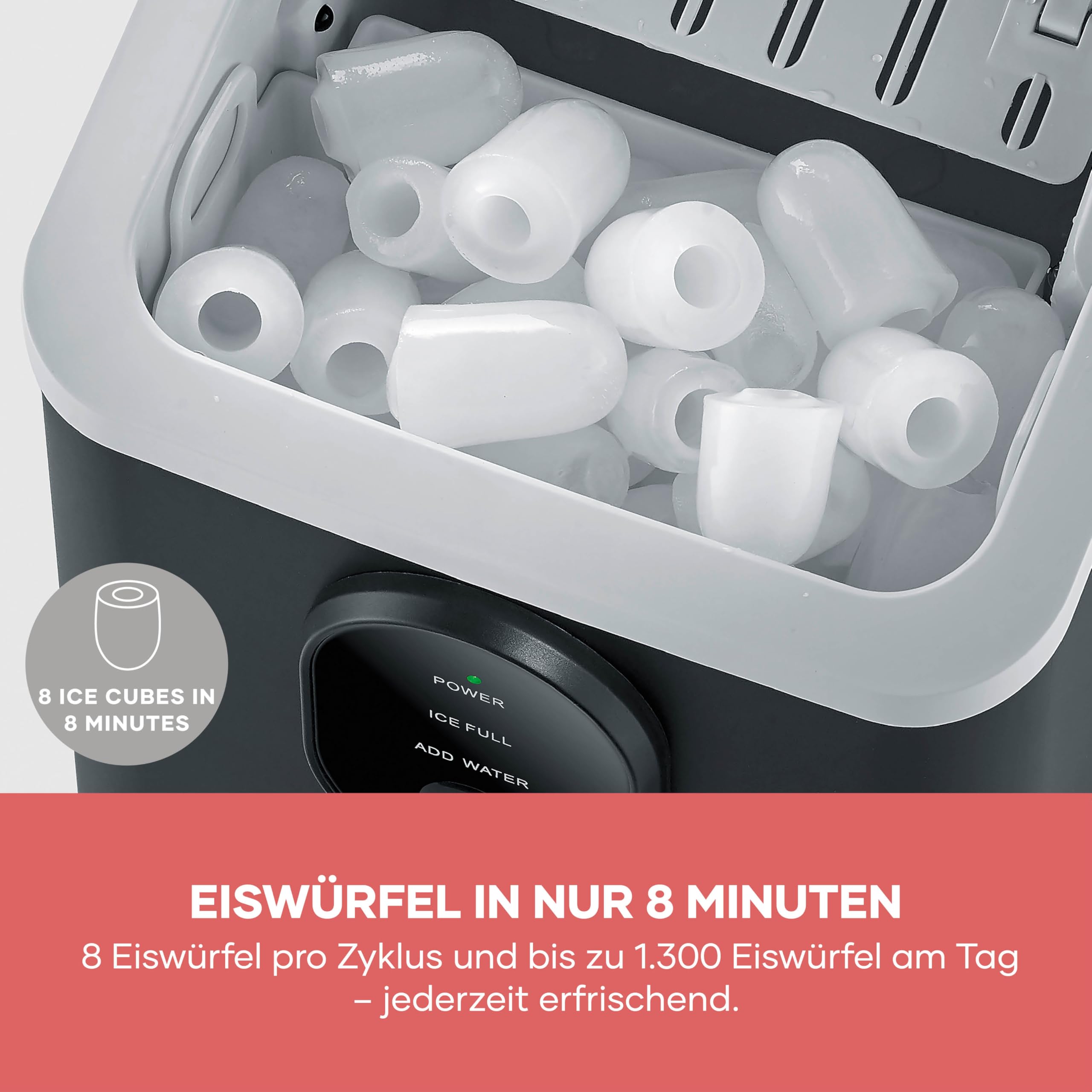 Severin Eiswürfelmaschine, Eiswürfelbereiter, 8 Eiswürfel in nur 8 Min, Kapazität 1,2 L, einfache Bedienung und Reinigung, automatische Abschaltung, kompaktes Design, 120 W, schwarz, EZ 7415
