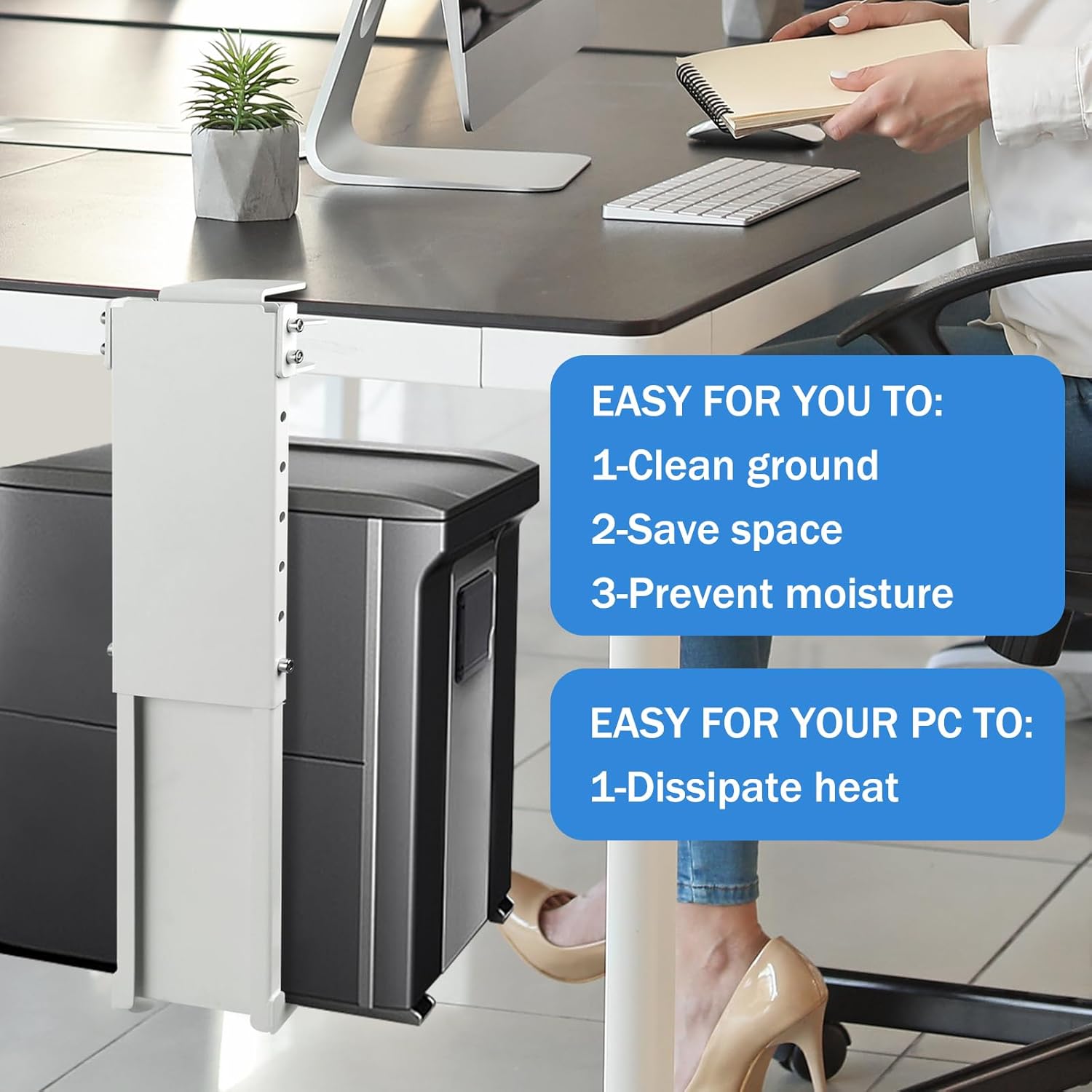 Adjustable Clamp Mount On Desk for PC Tower - No Drilling, Height Adjustable from 13.2" to 21.6", Width Adjustable from 5.5" to 9.8", Heavy Duty Under Desk Computer Case CPU Holder, White