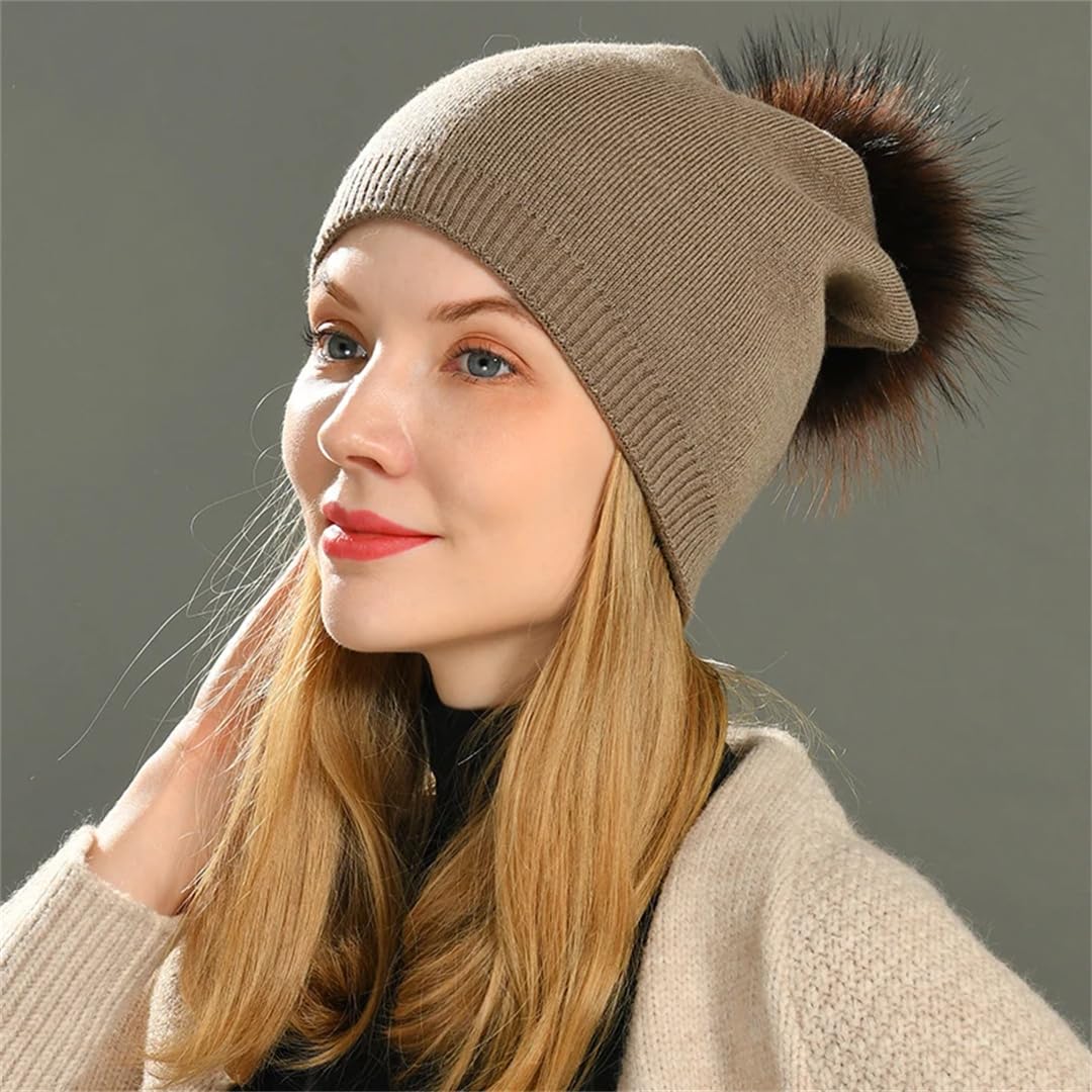 Gorros De Cachemira Para Mujer, Gorro De Punto Liso Con Pompón De Piel Grande, Gorros De Lana Cálidos Para Invierno