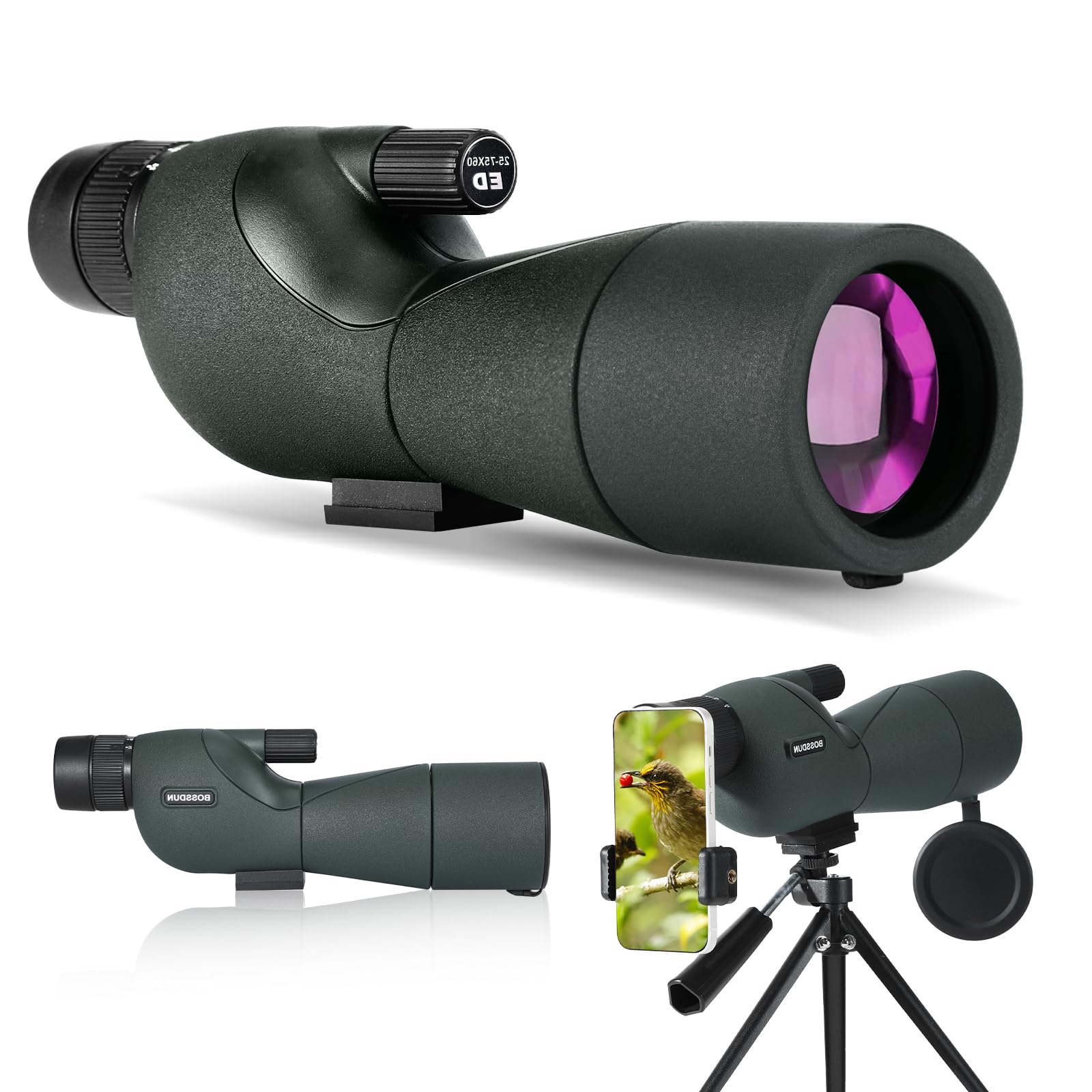 Telescopio, Ultra HD 25-75X60 Telescopio, Doble Enfoque ED, Impermeable FMC Lente-BAK4 Prisma con Trípode Maletín de Transporte para Tiro al Blanco Caza Observación de Aves Paisajes Silvestres