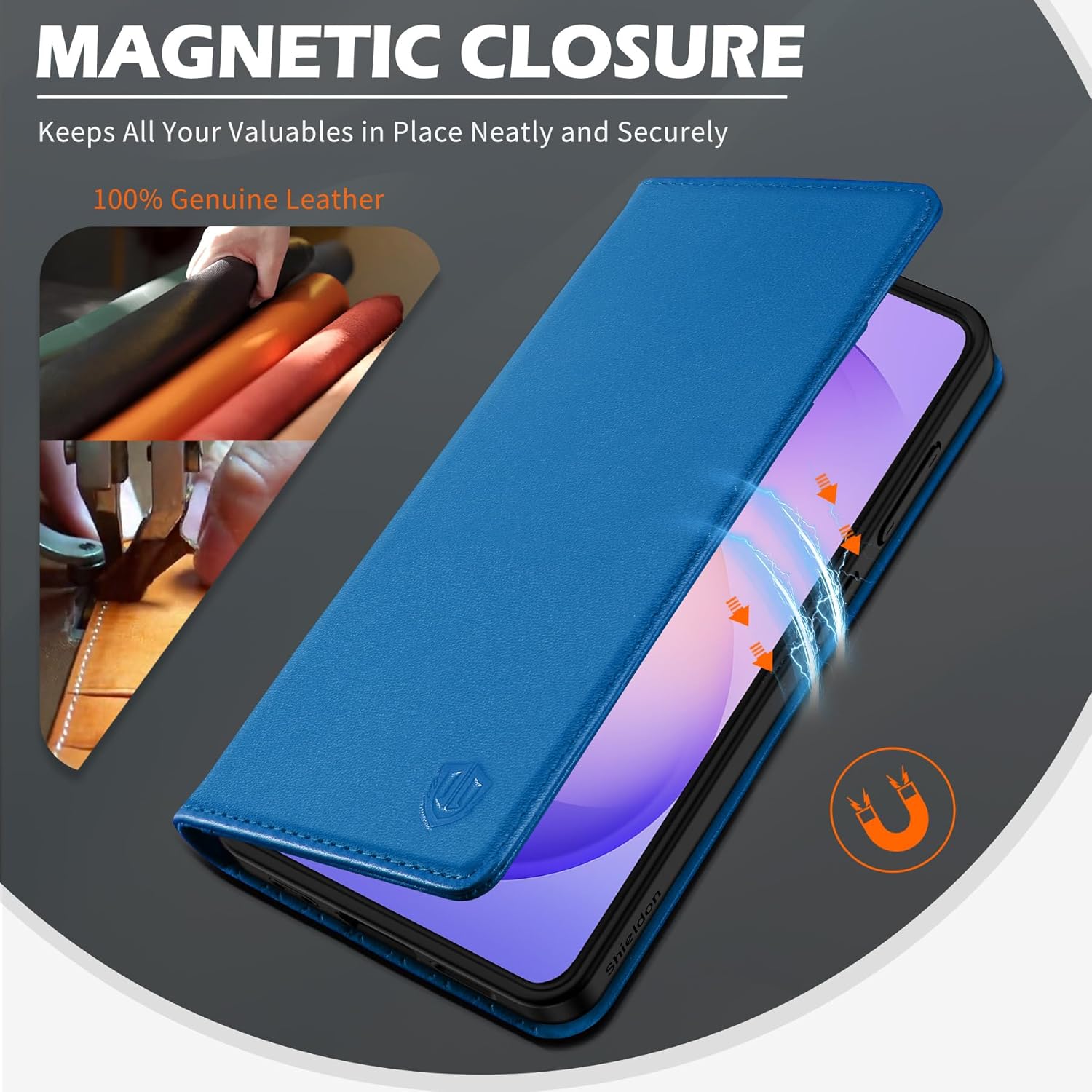 SHIELDON Wallet Case for Galaxy S26+ 6.7", Genuine Leather RFID Blocking Card Holder Kickstand Flip Magnetic Shock Absorbing Protective Cover Compatible with Galaxy S26 Plus 2026 - Sapphire Blue
