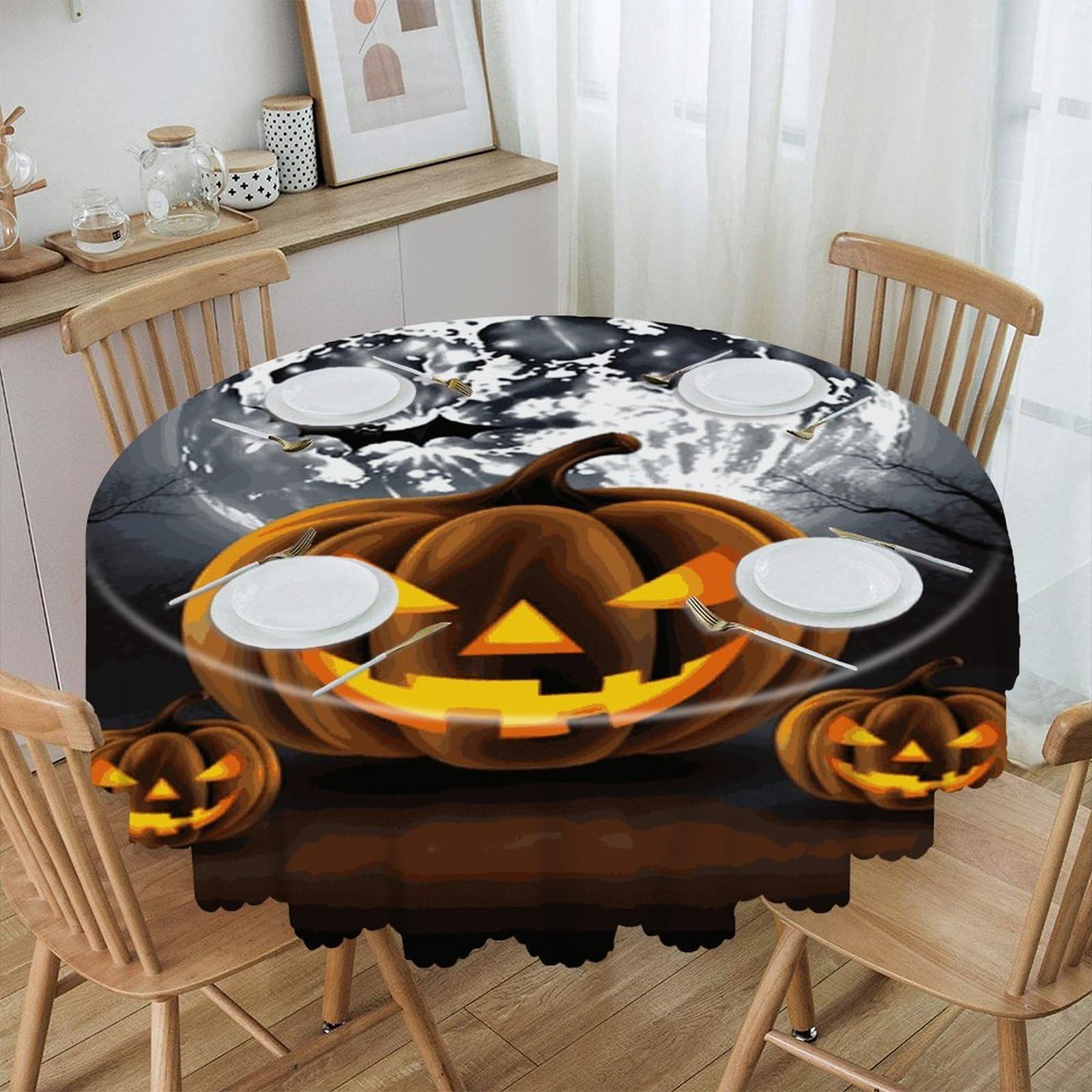 Btcowzrv Style Halloween Moon Bat Pumpkin Polyester Round Tablecloth 59.84 Inch, Decorative Washable Table Cover, Table Cloth For Restaurant Picnic Indoor And Outdoor Dining
