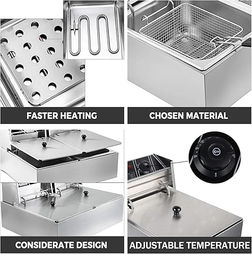Miniatura 4 de Freidora eléctrica, máquina profesional de doble tanque de aceite de acero inoxidable de 5000 W, freidora francesa con cesta y tapa para restaurante