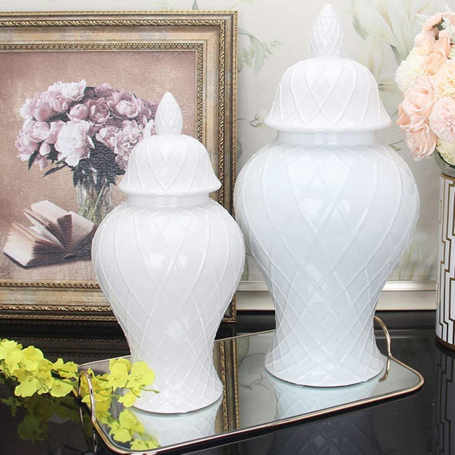 Ceramic Jars,Tea Jar,Chinese Style Storage Jars,Ceramic White Ginger Jar with Lid Diamond Pattern, Beautiful Decorative Porcelain Jars Temple Jar with Lids, Flower Vases,