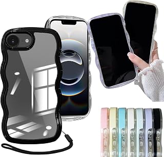 【WenziLior】 iPhone 16E 用 波浪设计 透明 2in1 壳 挂绳 适用 iphone 16E 透明 壳 iPhone16E iPhone16E 智能手机壳 case 手机壳 透明壳 耐冲击 清爽 时尚 简单 轻量 薄型 冲击吸收 TPU 黑色
