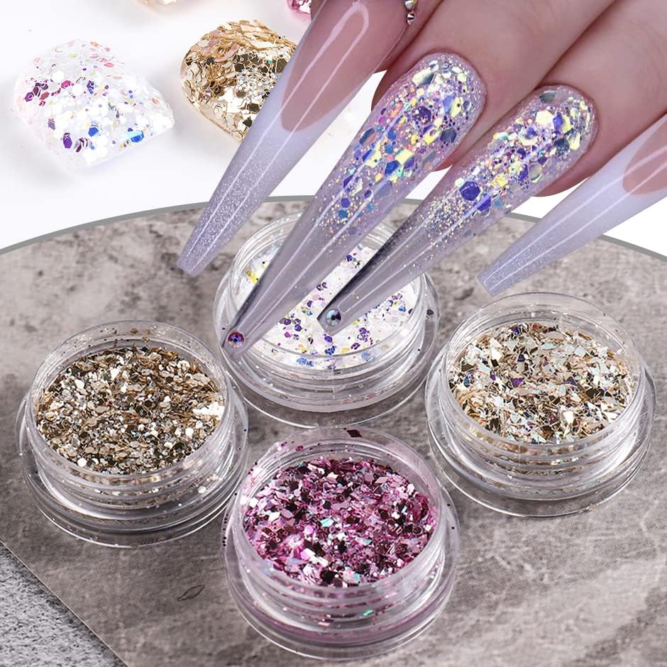 4 cajas holográficas con purpurina para uñas, escamas mixtas hexagonalesrombos con lentejuelas para uñas, kits de decoración artística para mujeres,