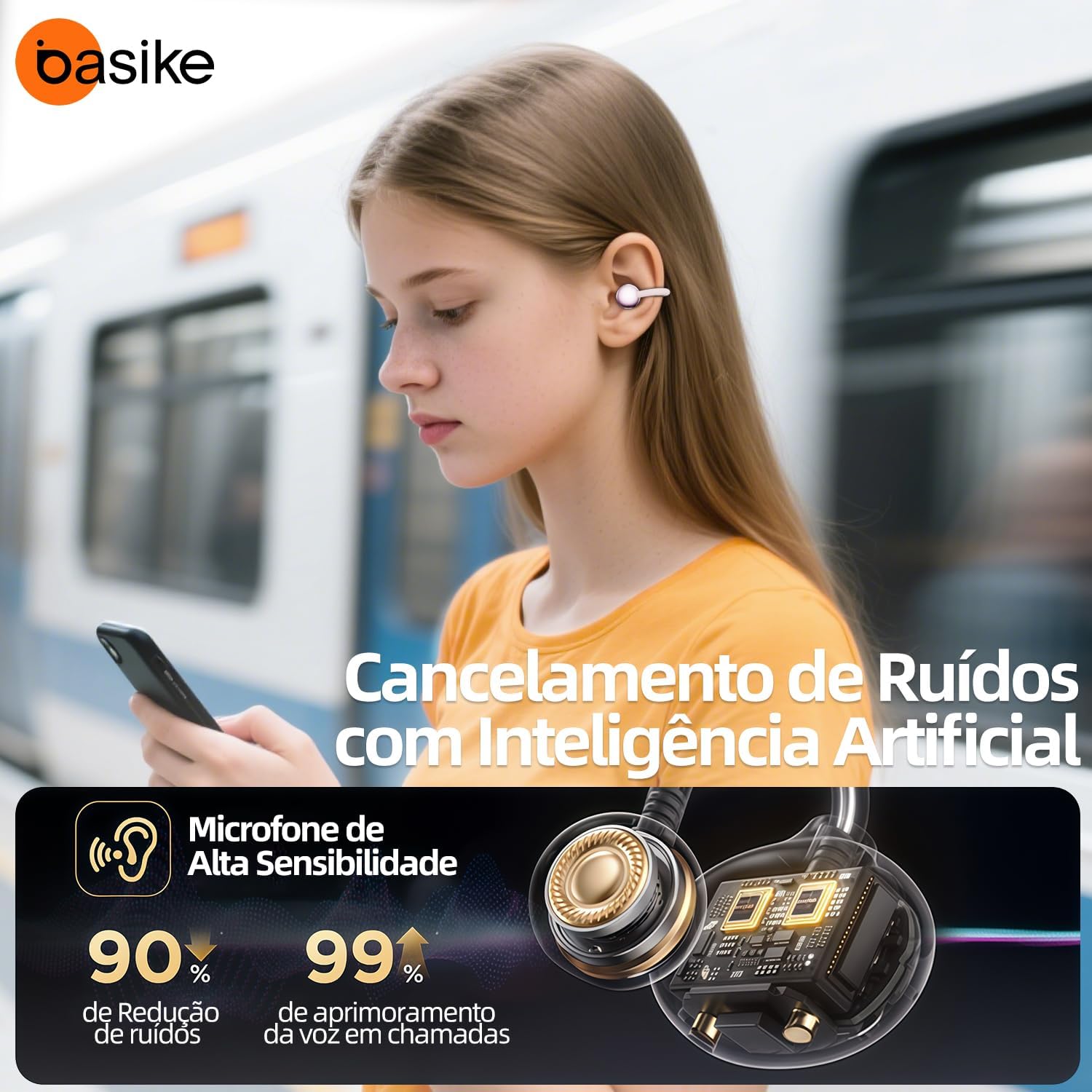 Basike Fones de Ouvido CLip-on Bluetooth 5.4 – Leves e Compactos, ENC, 30h de Bateria, IPX5 – Ideais para Corrida, Academia e Home Office (Rosa)