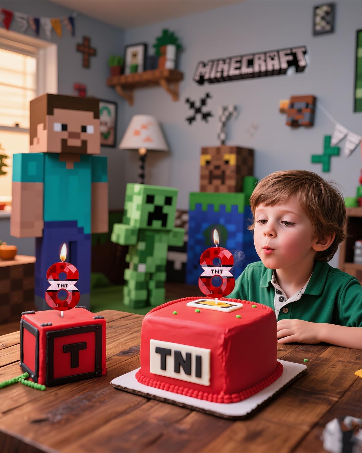 Number 8 Red Pixel Birthday Candle, TNT Themed Birthday Candles for Cake, 2.73 Inch Green Miner Number Candles, Game Themed Candle Birthday Decoration, Red Birthday Cake Topper for Boys Girls Party image 5