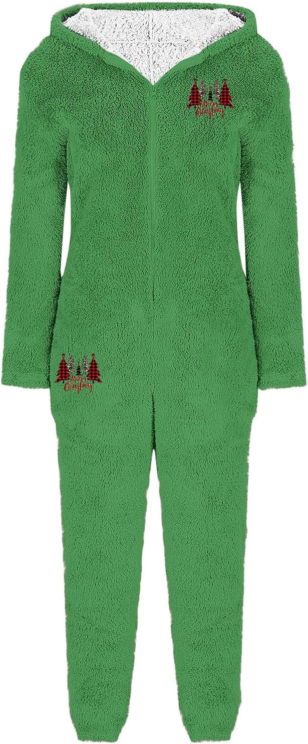 Lmdudan 2025 Christmas Women One Piece Fuzzy Pajamas Jumpsuits Cute Warm Sherpa Romper Sleepwear One Piece Zipper Loungewear
