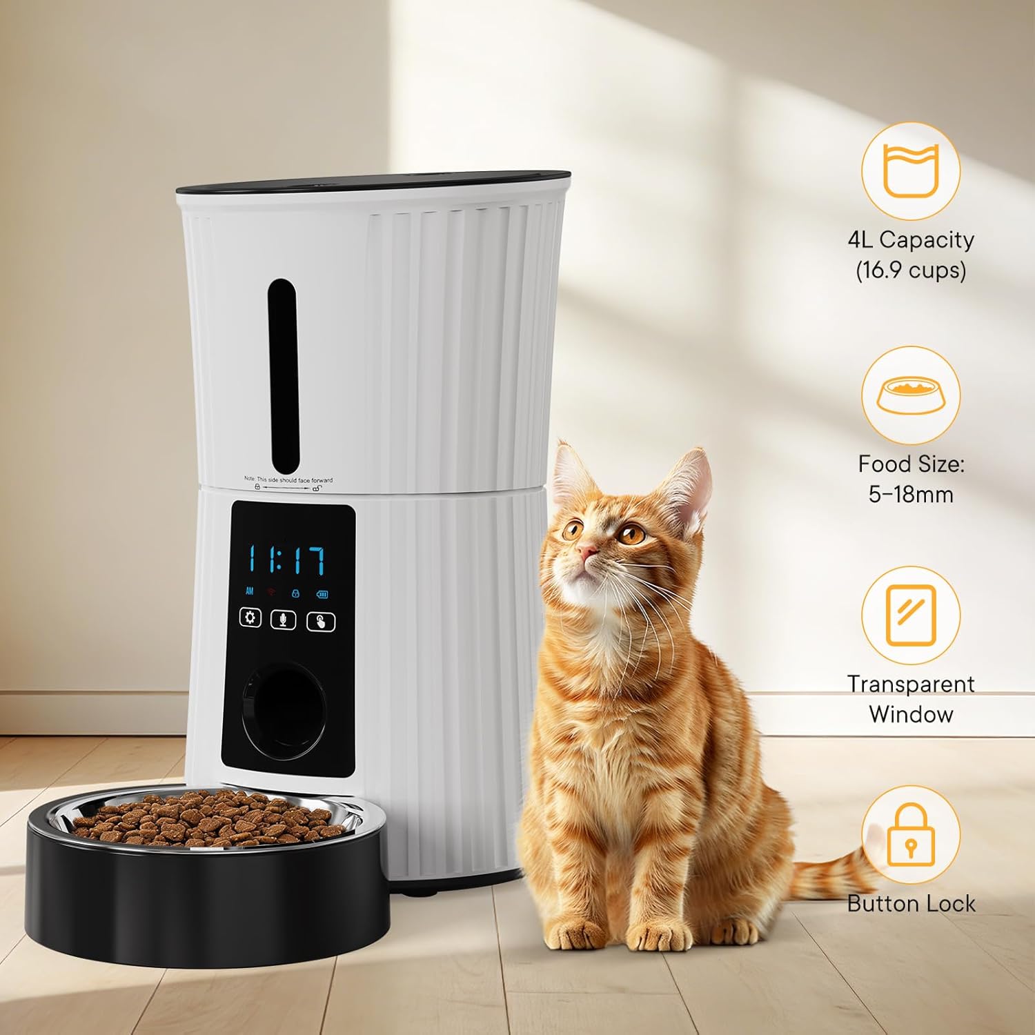 NEWBULIG Automatic Cat Feeder, 4L Timed Pet Feeders with 10s Voice Recorder, Dog Food Dispenser with APP Control, Dry Food, 10 Meals, Programmable 50 Portions, Dual Power Supply, Desiccant Bag