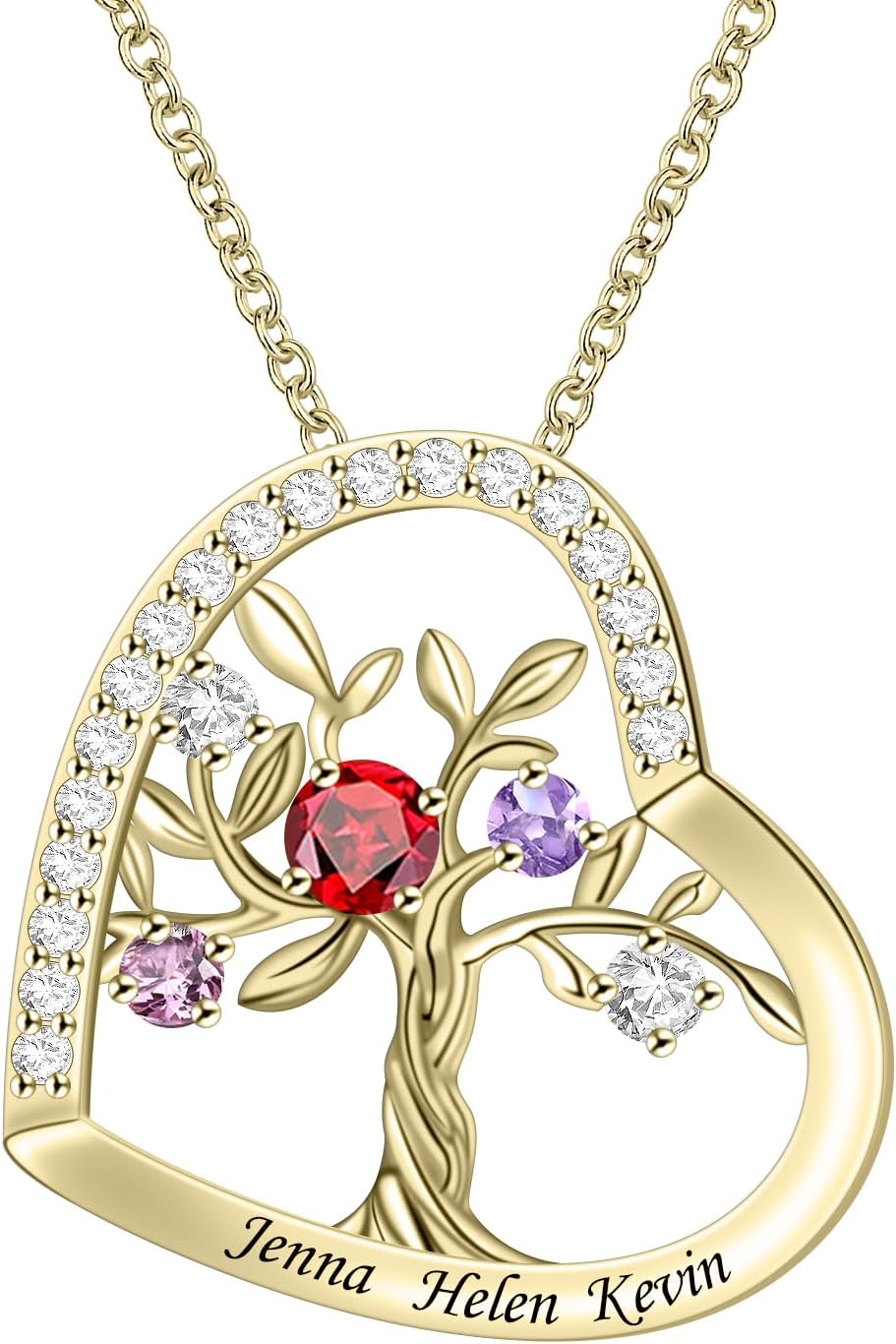MissNaNa Personalized Tree of Life Necklace with Birthstones, Custom Mom Family Tree Necklace, Love Heart Customized Pendant Jewelry Birthday Christmas Gift for Women