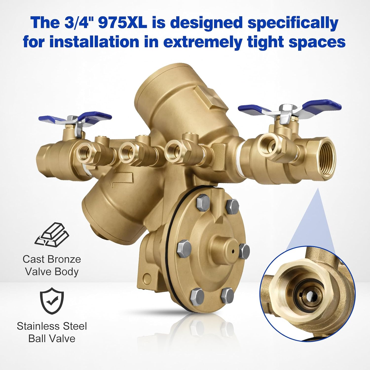 Condition photo showing New/Like New for 34-975xl, 3/4" 975xl reduced pressure principle backflow preventer, serviceable in-line and easy maintenance