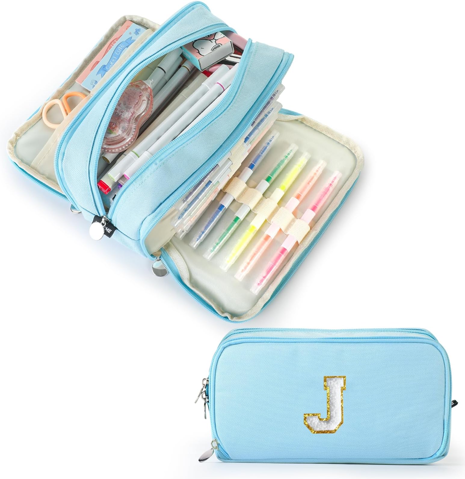 Extra Large Capacity Pencil Case 3 Compartment Initial Pencil Pouch Personalized Cute Aesthetic Stationery Pen Case Bag for School Teen Girl Boy Men Women Gift (J, Blue)