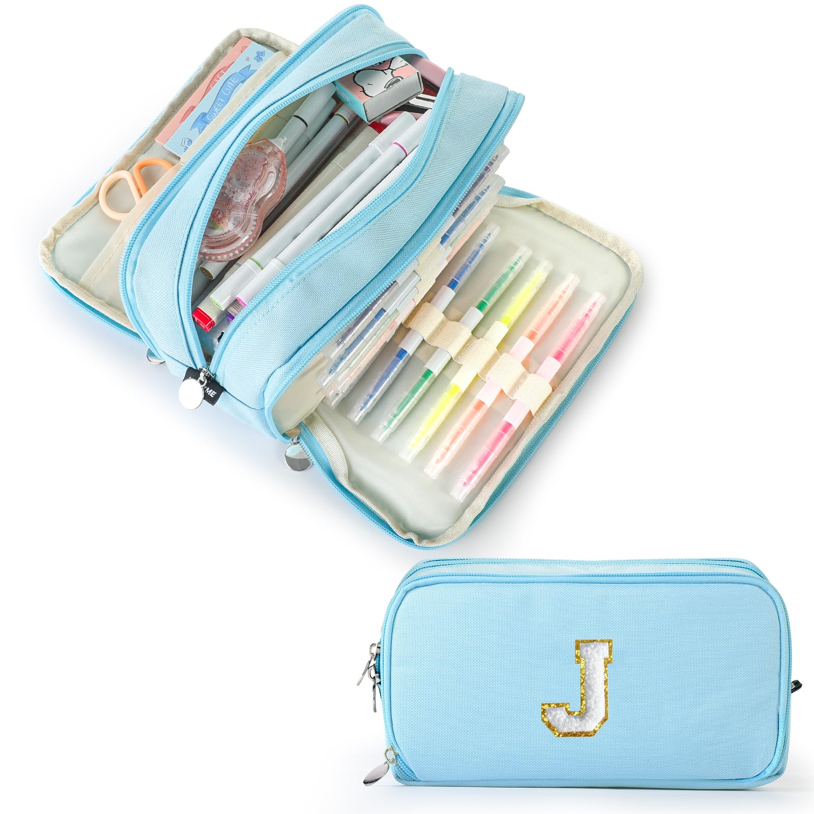 Extra Large Capacity Pencil Case 3 Compartment Initial Pencil Pouch Personalized Cute Aesthetic Stationery Pen Case Bag for School Teen Girl Boy Men Women Gift (J, Blue)