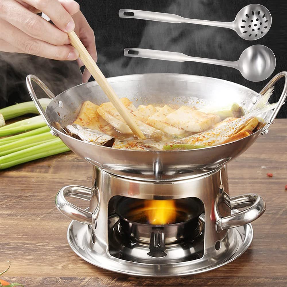 REHOOF Estufa De Alcohol Utensilios De Olla Caliente De Acero Inoxidable Estufa De Camping con Olla Sopa Estufa De Alcohol para Cocinar para Familia Senderismo Picnic 8in