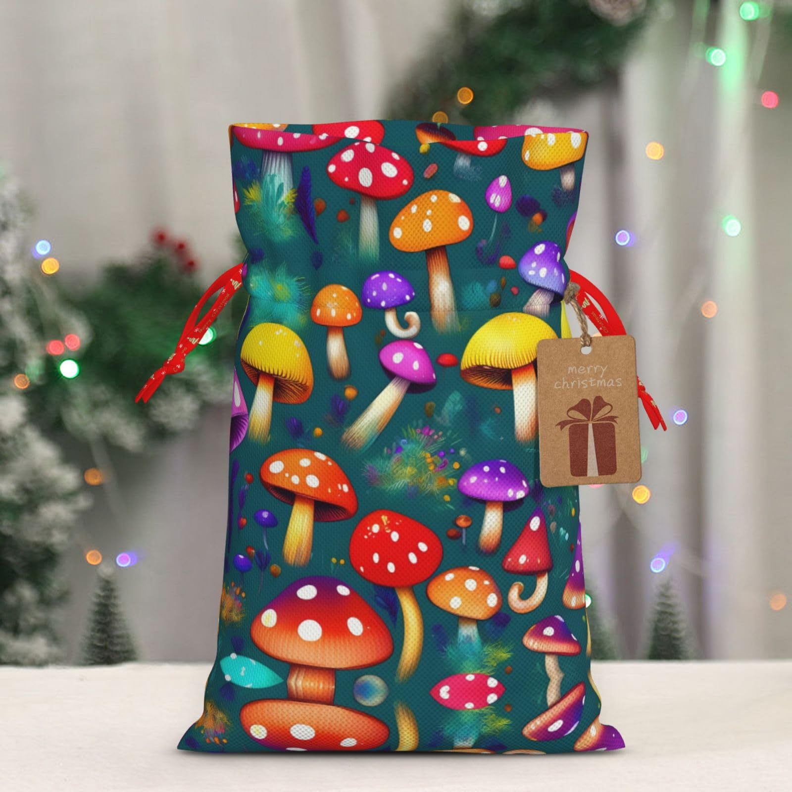 Sacs Cadeaux De Noël Avec Cordon - Taille M (21x30cm) Et S (12x17cm), Motif Champignon, Polyester Réutilisable
