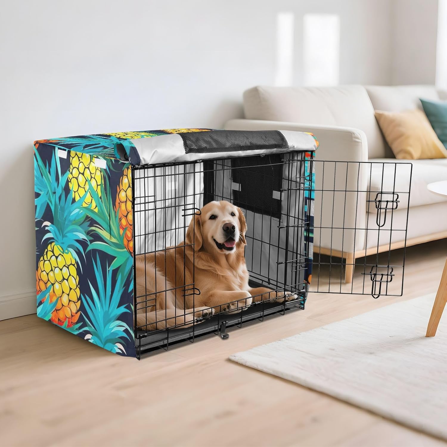 Pineapples Teal Dog Crate Cover S-XL Water-Resistant Pet Cage Cover with Openings, Reduces Barking, Large