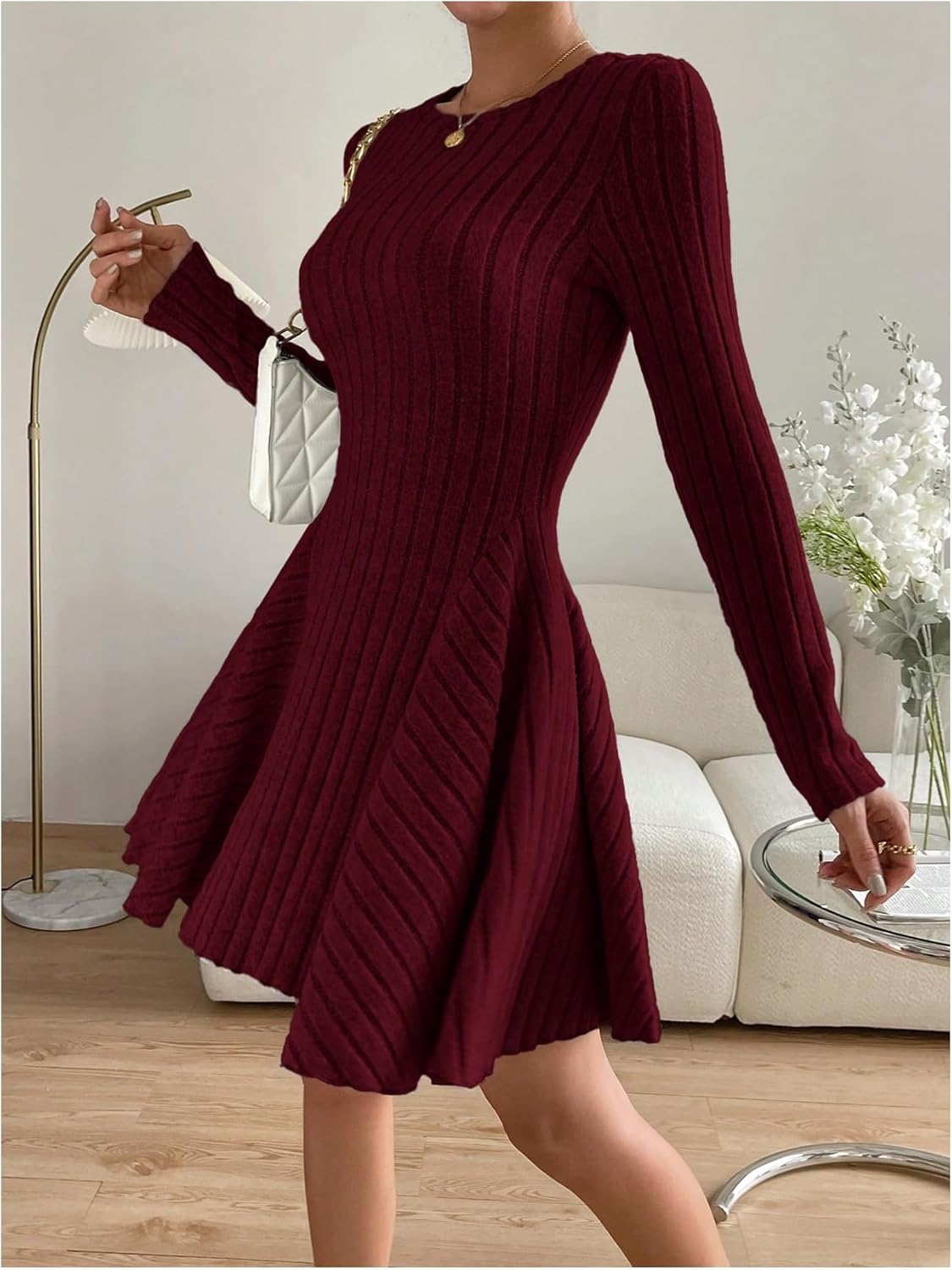 Milumia Women's Long Sleeve Knit Sweater Dress Crewneck Ruffle A Line Casual Fall Short Dresses - Image 3