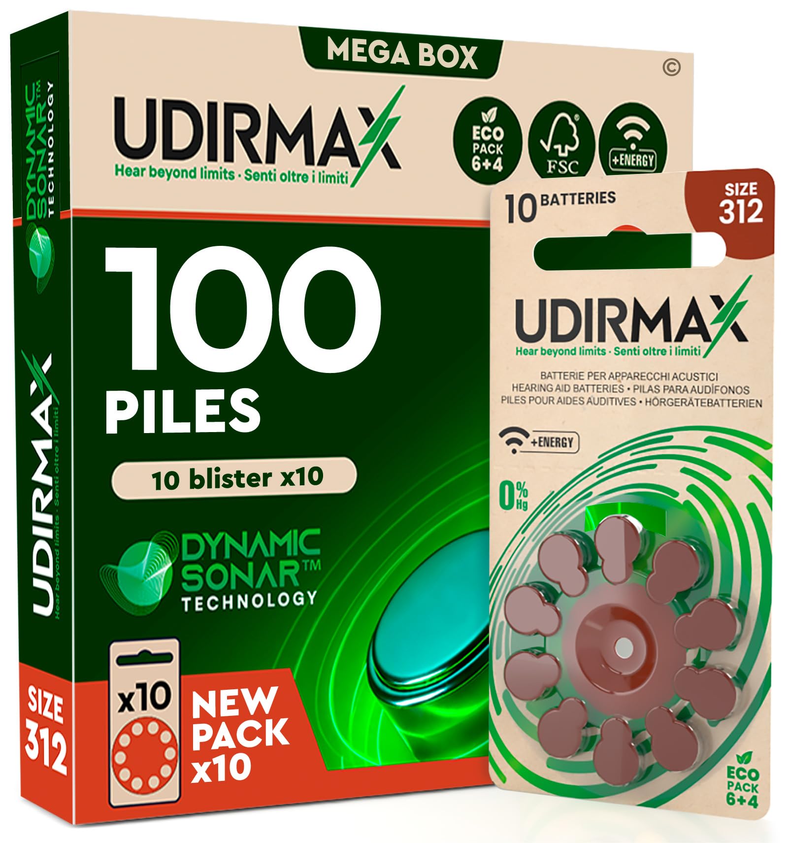 100 Piles Auditives Marron Taille 312 Udirmax PR41 Zinc-Air Eco Pack - 10 Blisters Écologiques de 10 Piles