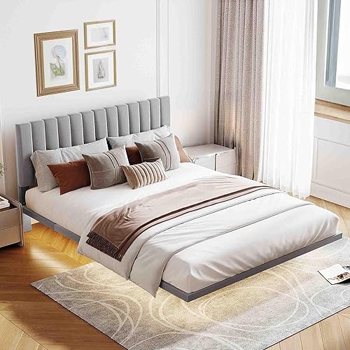 Miniatura 7 de Base de cama flotante Queen con luz LED  cabecero, base de cama moderna de tela de terciopelo, base de colchón, soporte de listones de madera, no