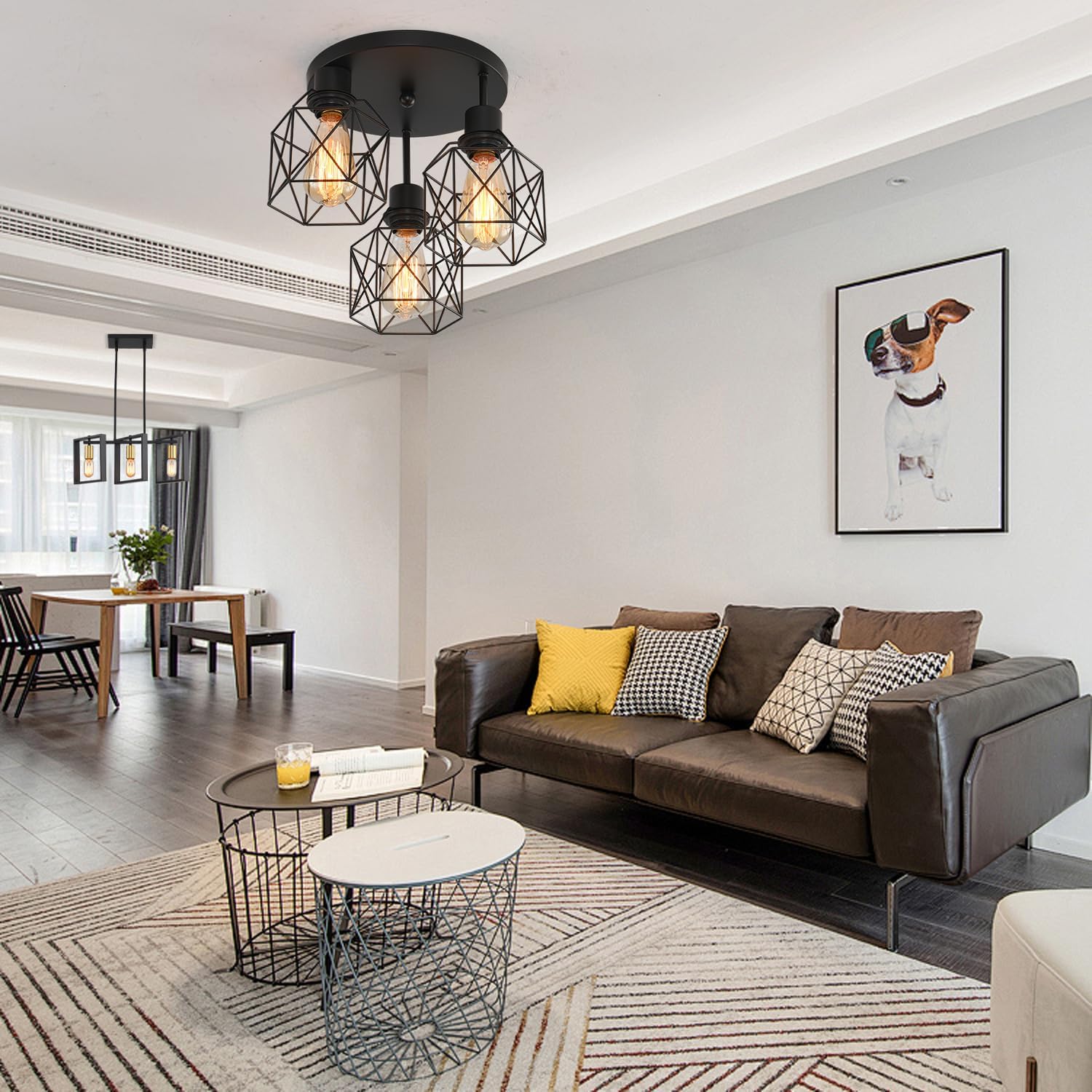 3 Lights Industrial Ceiling Light Fixtures,Iron Cage Ceiling Lamp Pendant Lighting,3-Light Close to Ceiling Light Fixtures, Modern Chandelier for Bedroom Entryway Kitchen Hallway