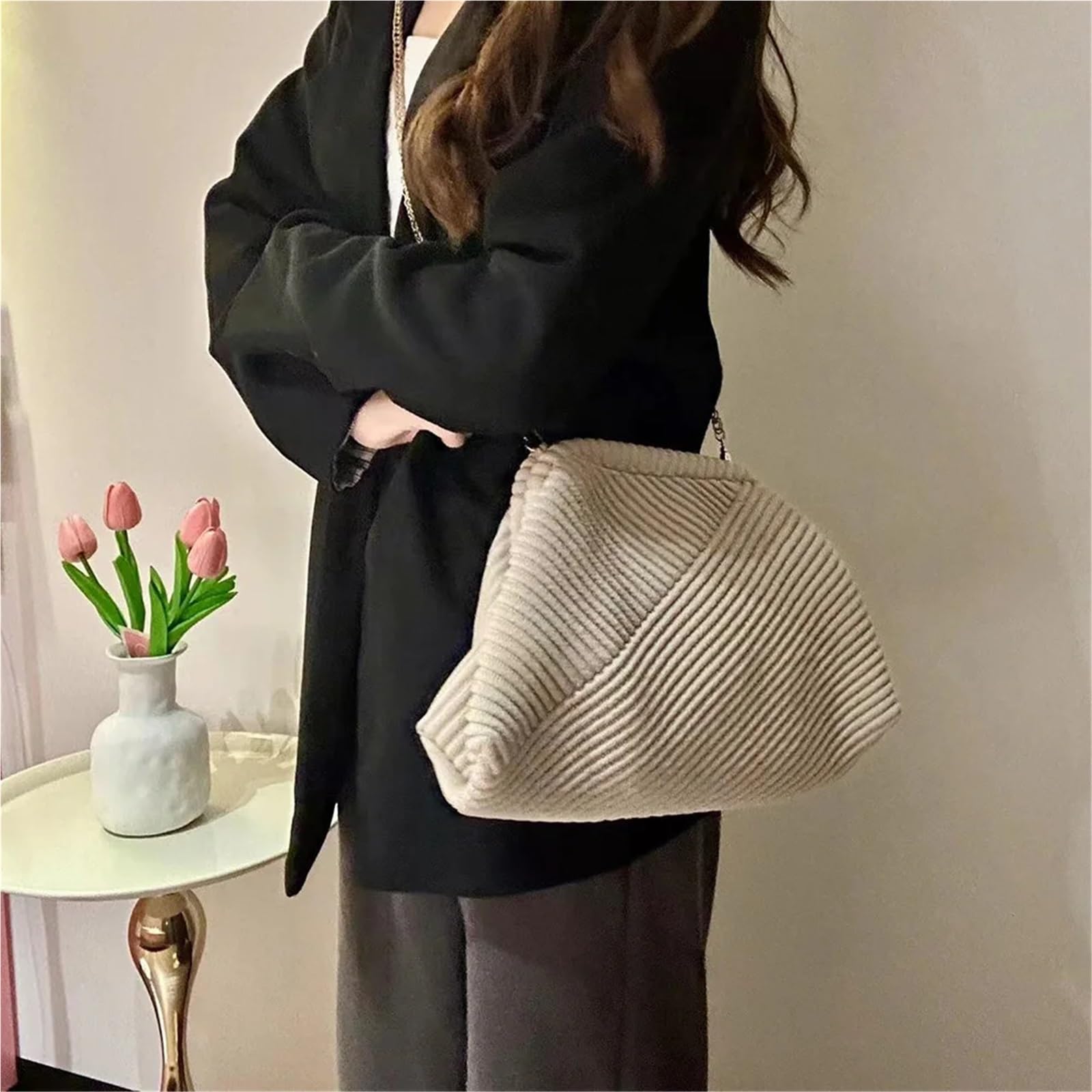 Pochette da sera donna Borsa in velluto a coste a tracolla morbida con pochette di grande capacità a alla moda