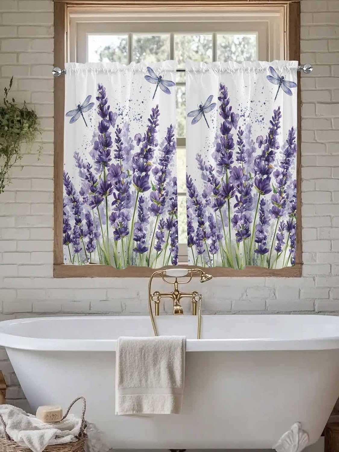 Kitchen Curtain 54 Inch Length, Purple Lavender and Flying Dragonfly Window Curtains and Drapes for Cafe/Living Room, 2 Panels Window Treatment Rod Pocket Drapery Curtains 104x54