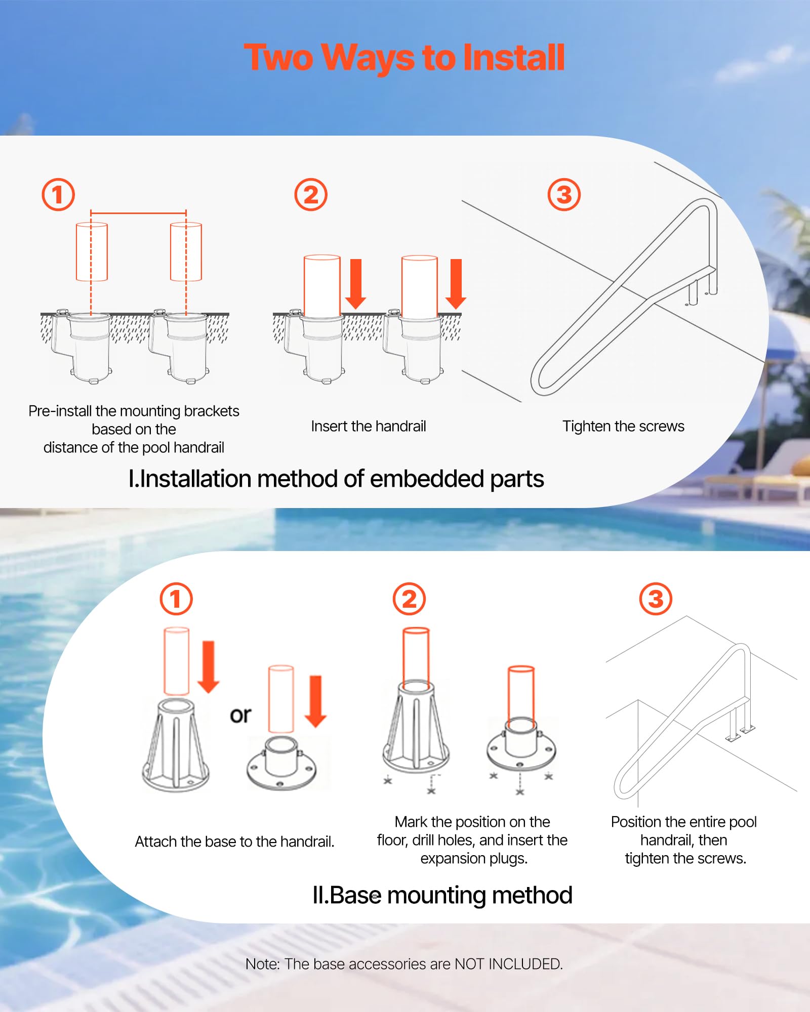 VEVOR Schwimmbad Handlauf, 1371x48x813 mm, 100 kg Tragfähigkeit, Pool Haltegriff aus Edelstahl 304, abnehmbare rutschfeste Hülse, Einbau-/ Bodenmontage, Einstiegshilfe für Poolbereich & Wasserparks